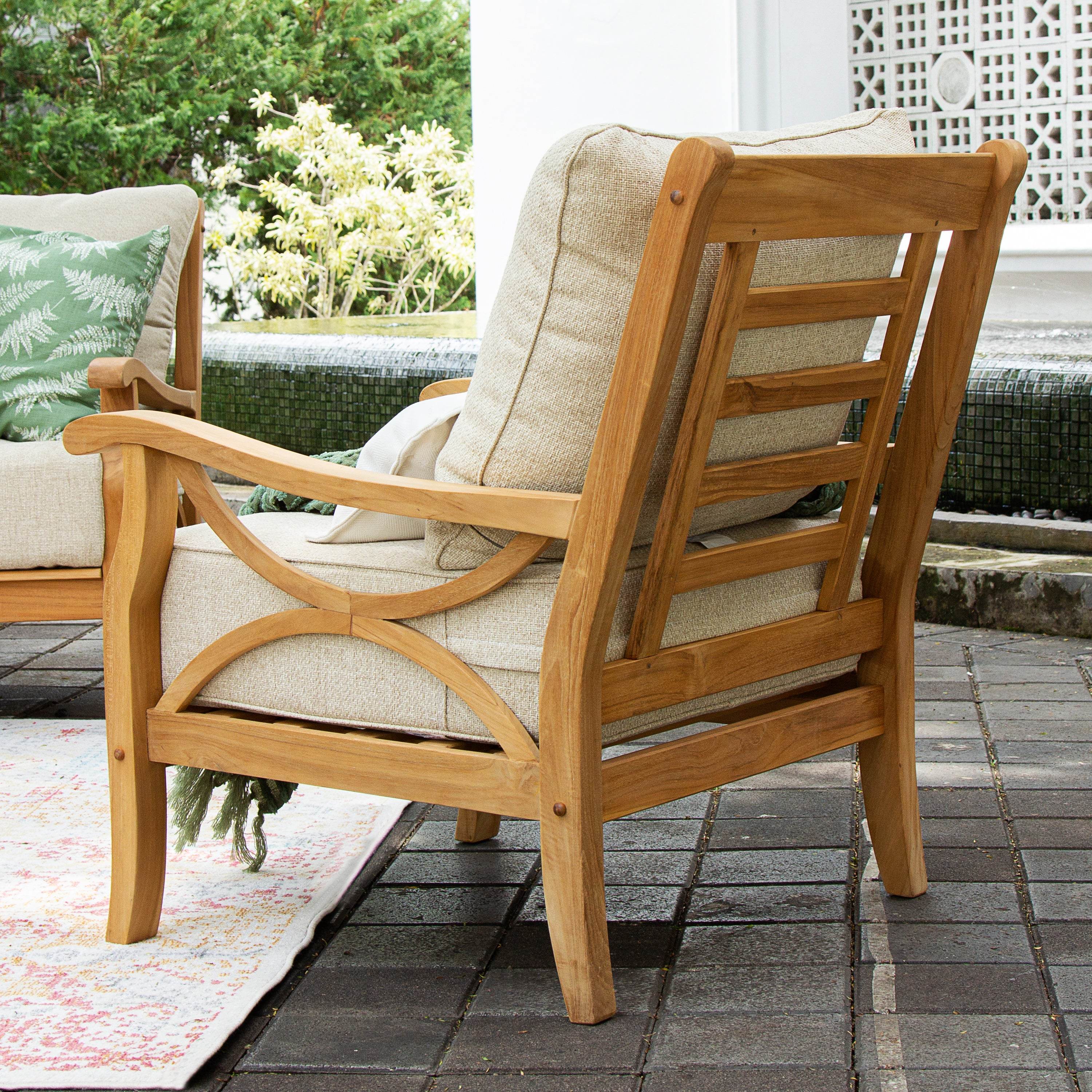 Abbington 5 Piece Teak Wood Patio Conversation Set with Tan Cushion - Image 7