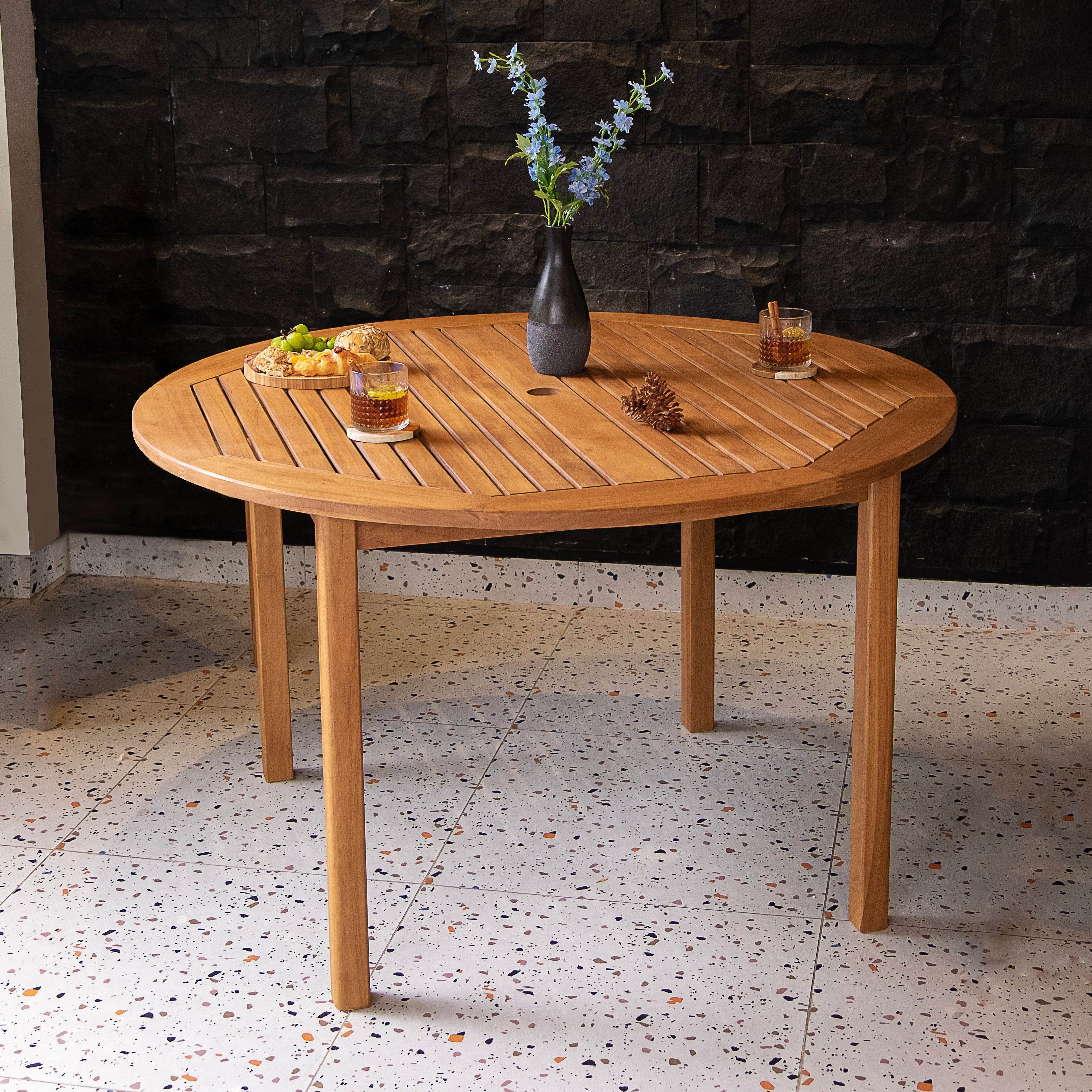 Eden 5 Piece Teak Wood Outdoor Dining Round Table with Tan Polyrope - Image 11