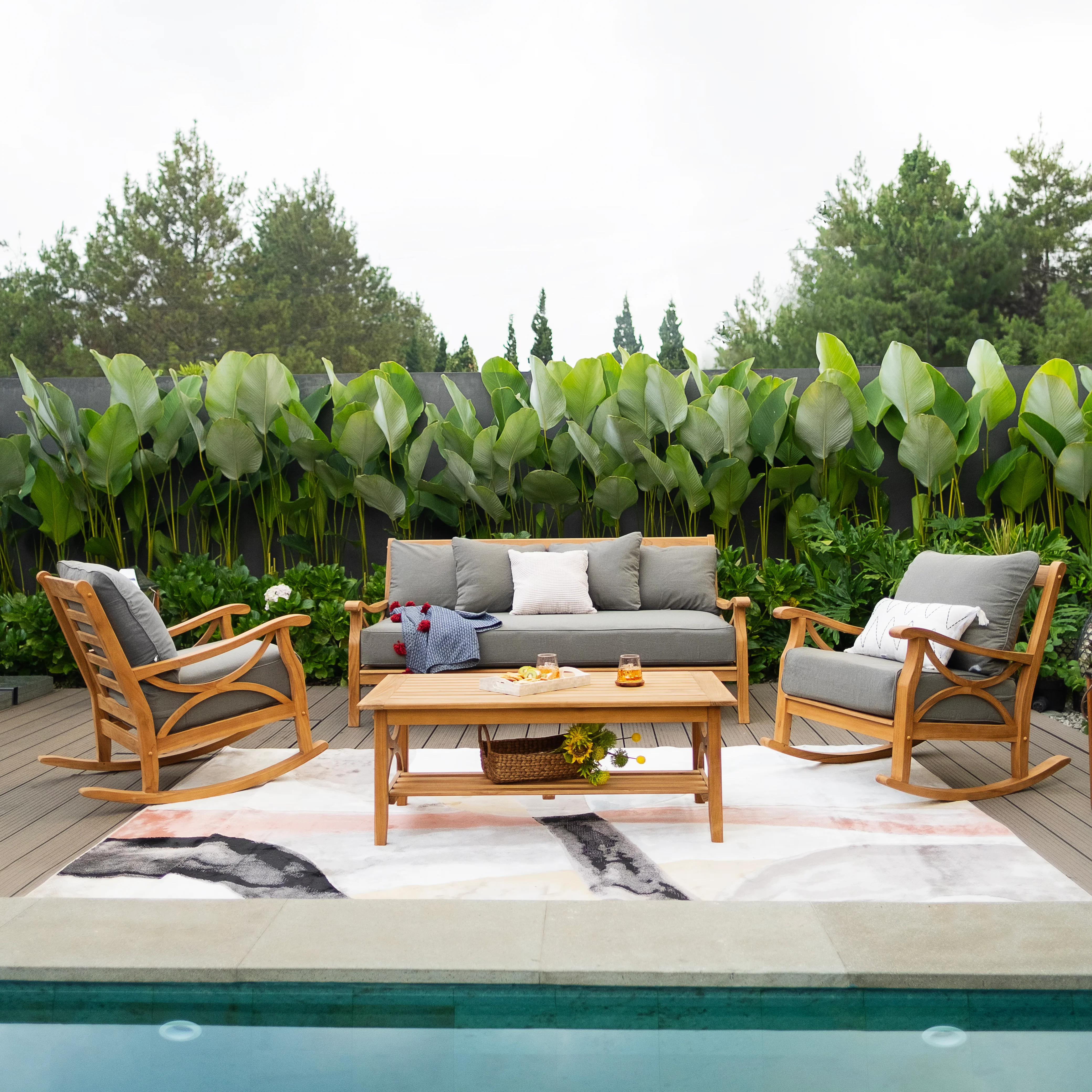 Abbington Solid Teak Wood 4 Piece Outdoor Conversation Set with Gray Cushion