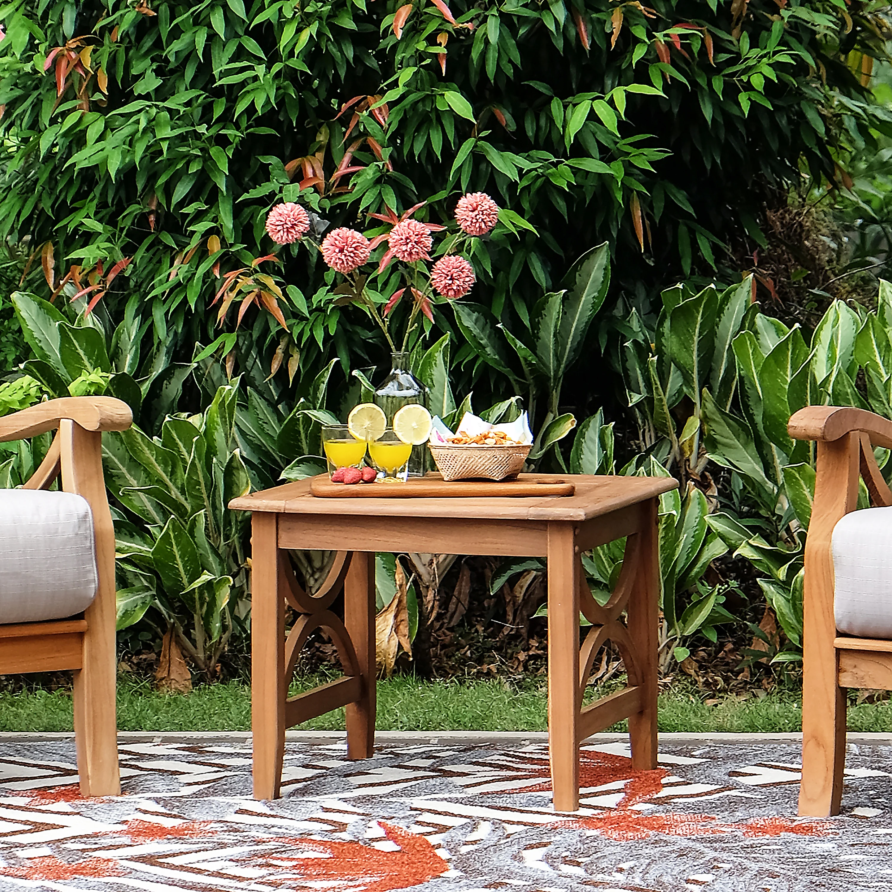 Abbington Teak Wood 3 Piece Patio Rocker Conversation Set with Beige Cushion - Image 12