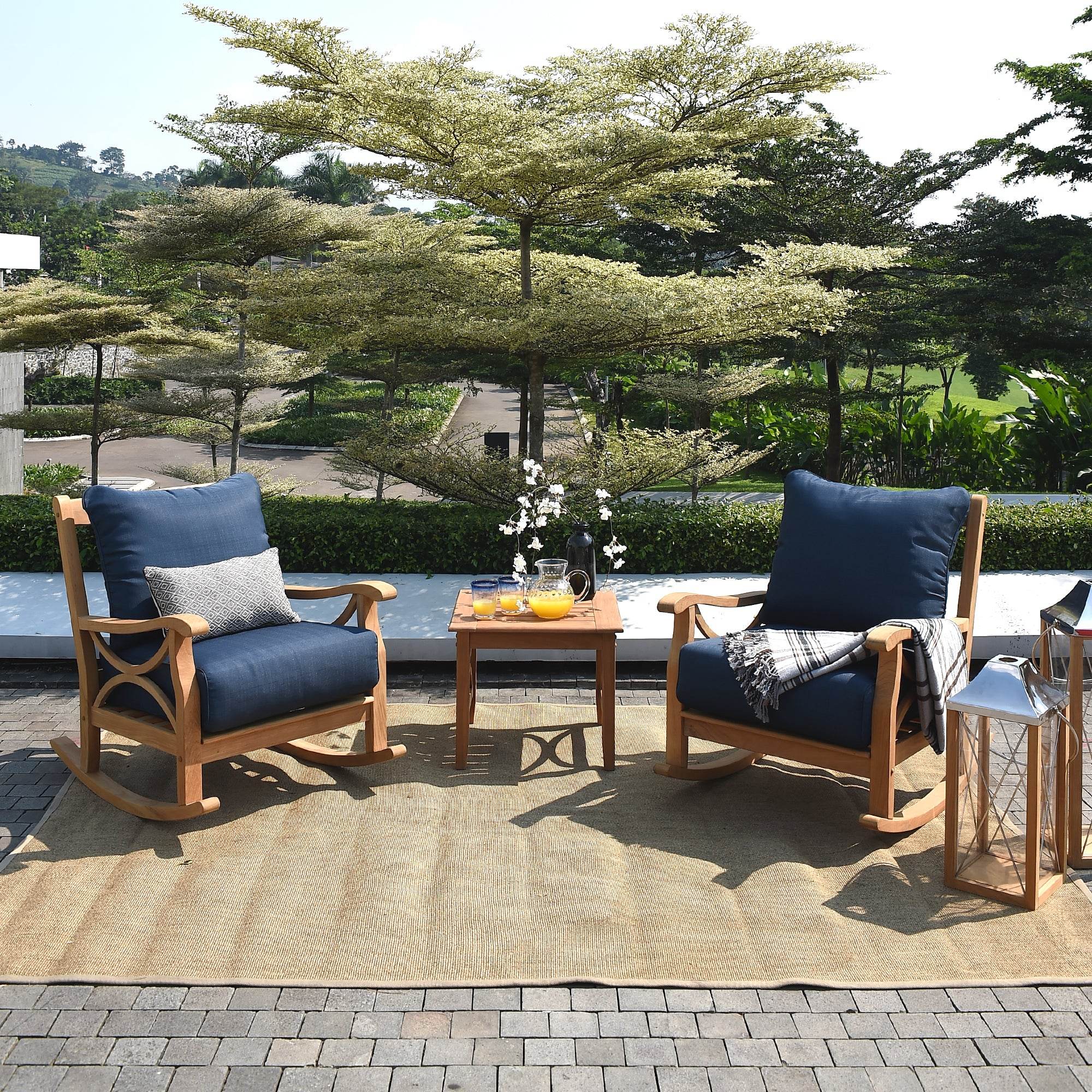 Abbington Teak Wood 3 Piece Patio Rocker Conversation Set with Navy Cushion - Image 6