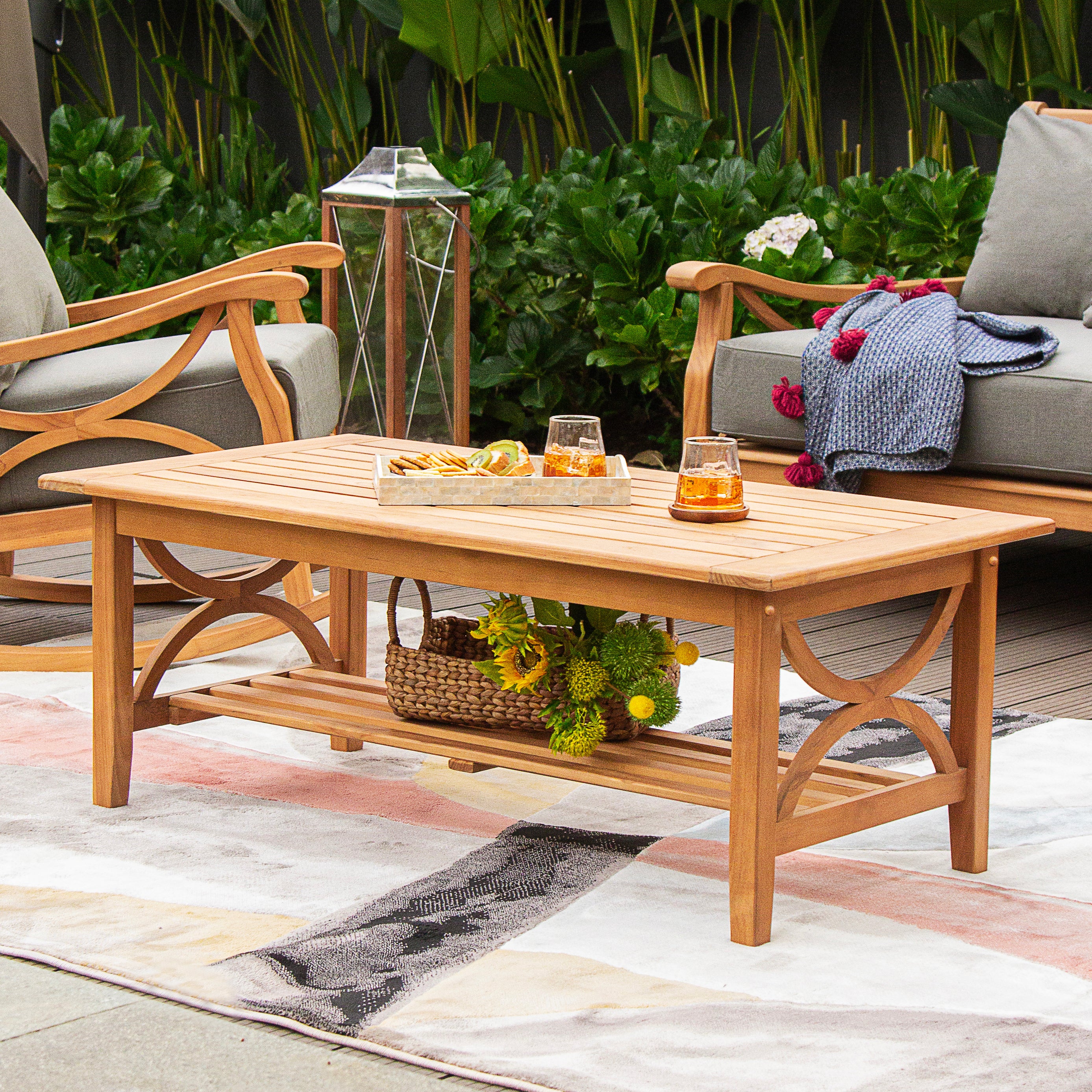 Abbington Teak Wood 5 Piece Patio Conversation Set with Navy Cushion - Image 11