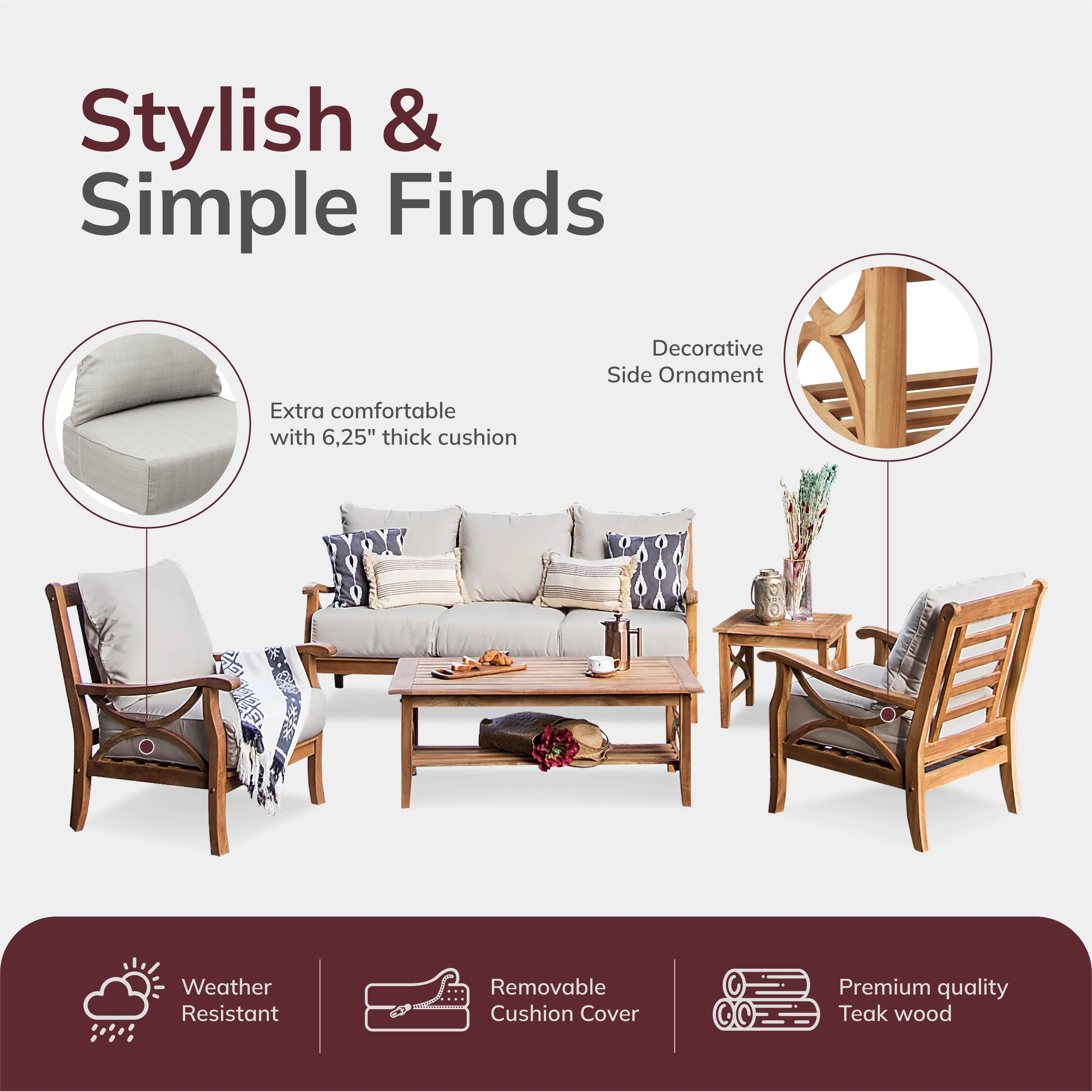Abbington Teak Wood 5 Piece Patio Conversation Set with Navy Cushion - Image 5