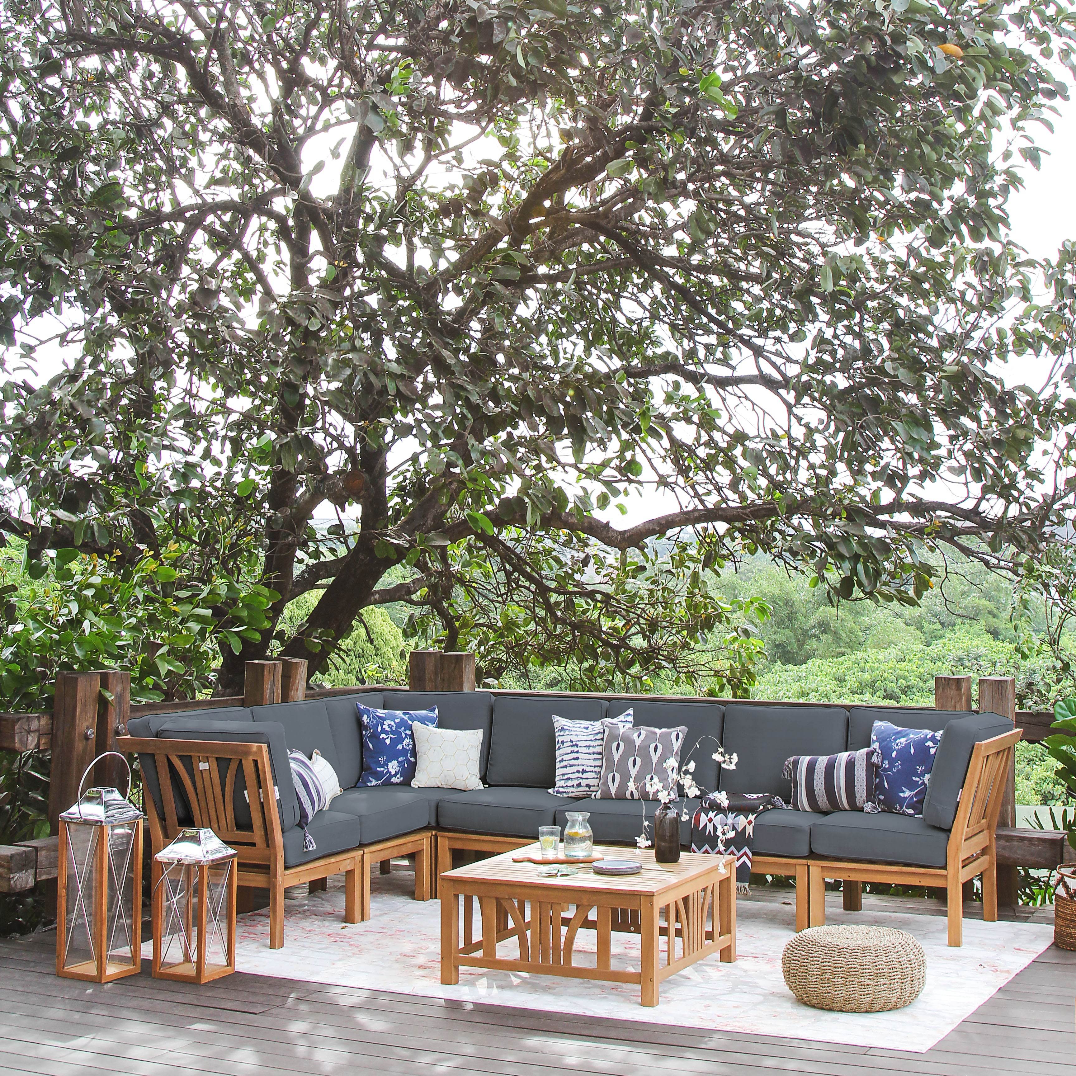 Abbington Teak Wood 8 Piece Patio Sectional Set with Gray Cushion - Image 2