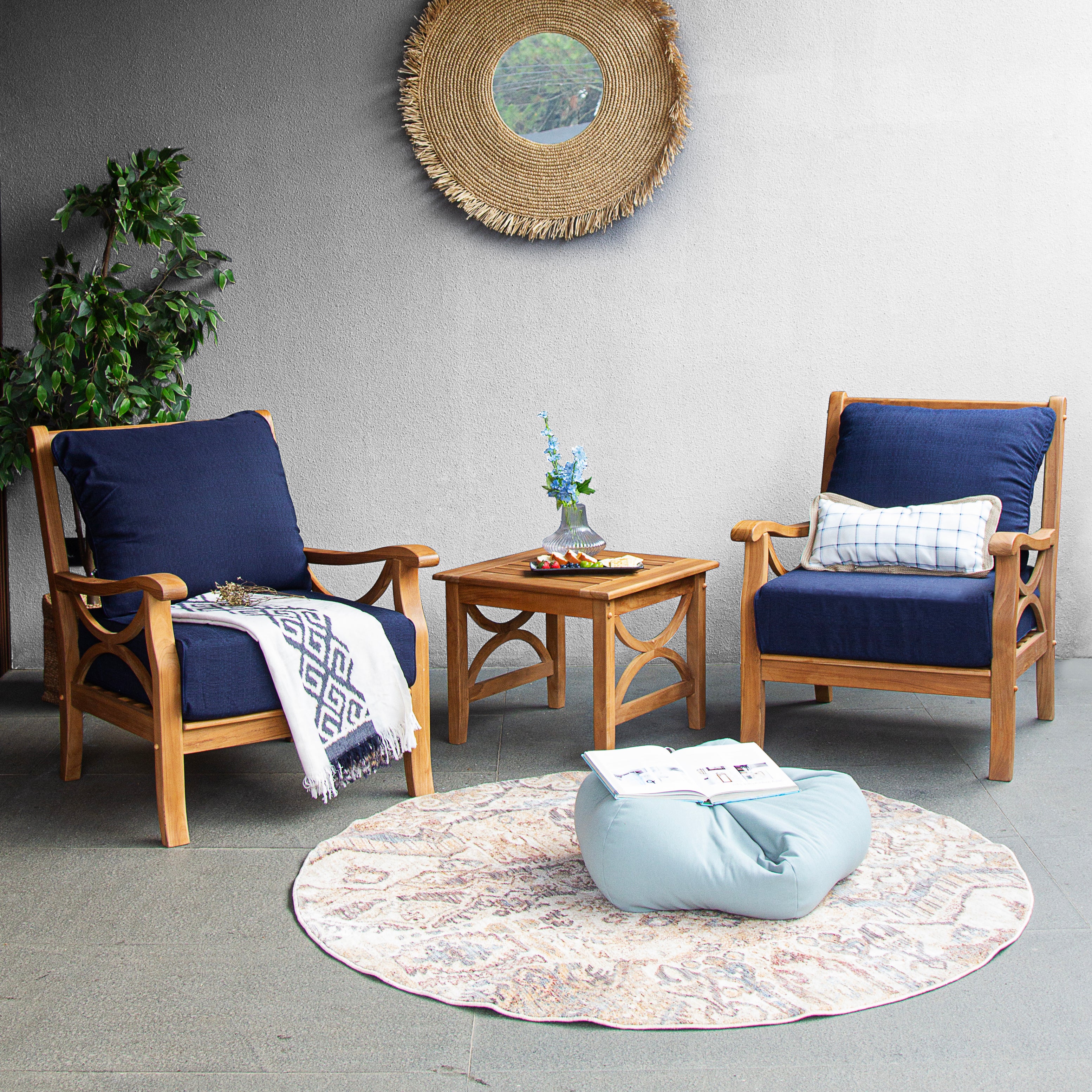 Abbington Teak Wood Outdoor Lounge Chair with Navy Cushion - Image 2