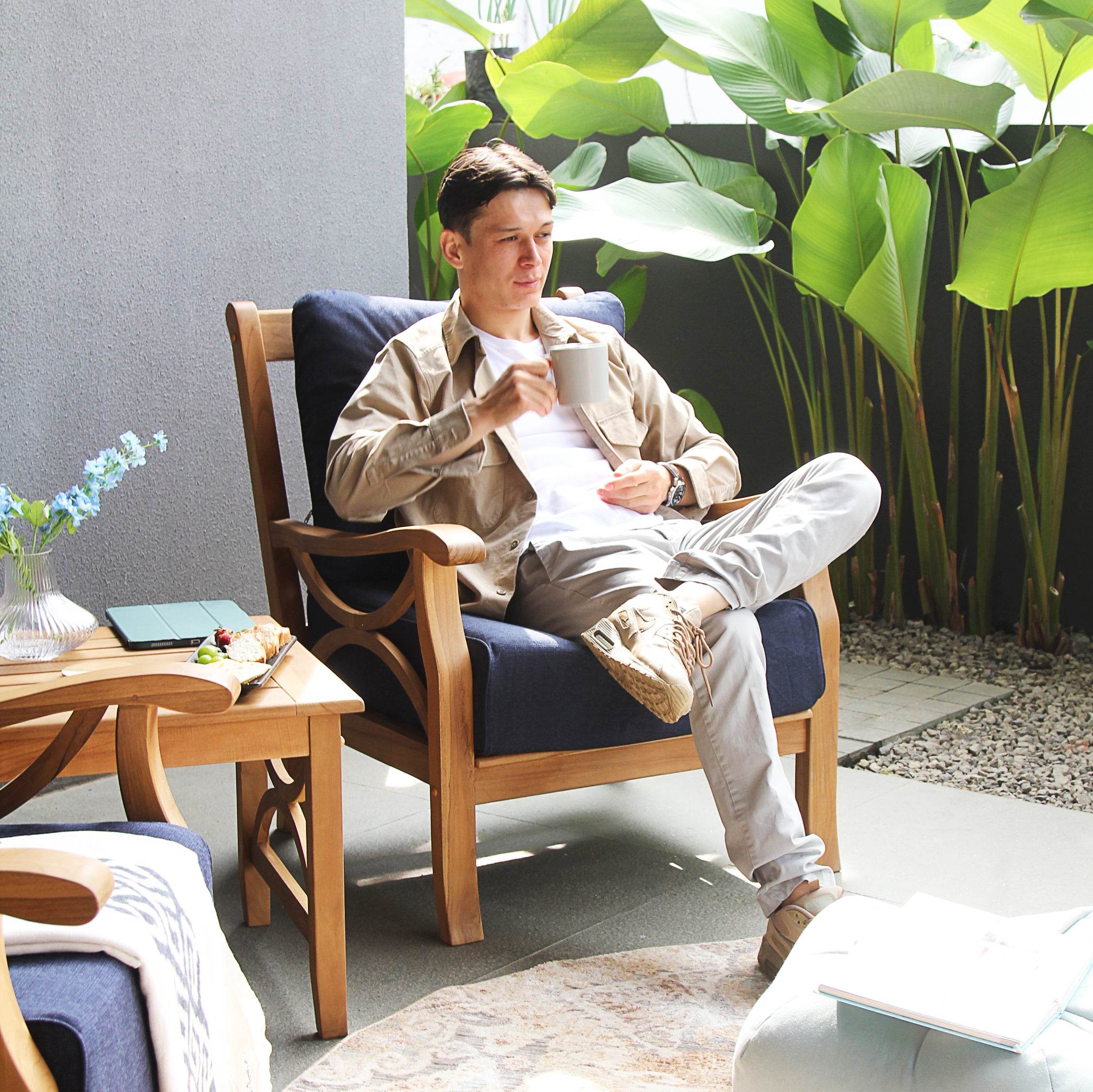 Abbington Teak Wood Outdoor Lounge Chair with Navy Cushion - Image 3
