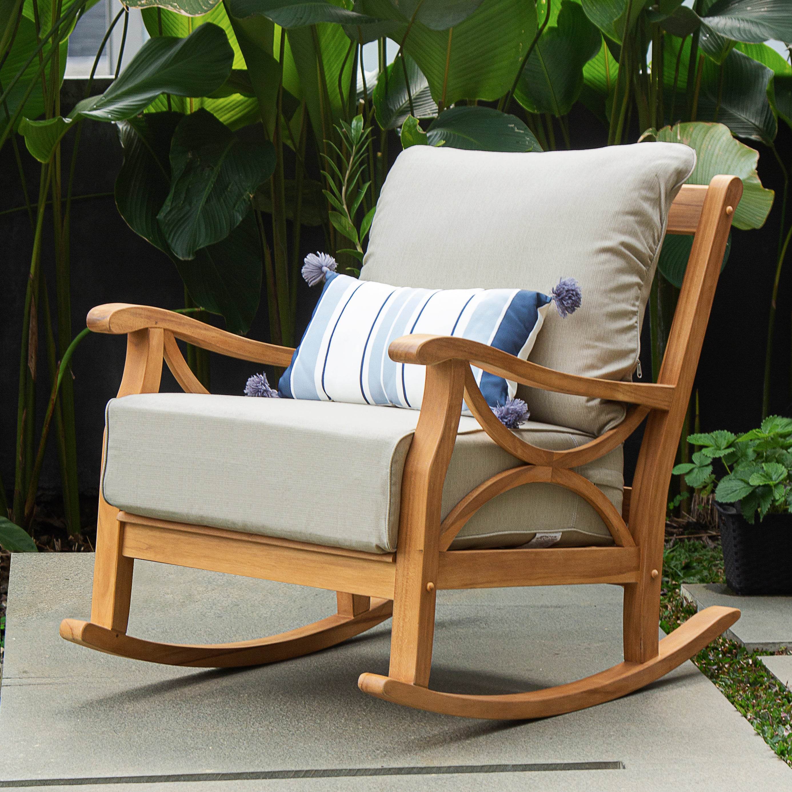 Abbington Teak Wood Outdoor Rocking Chair with Beige Cushion - Image 7