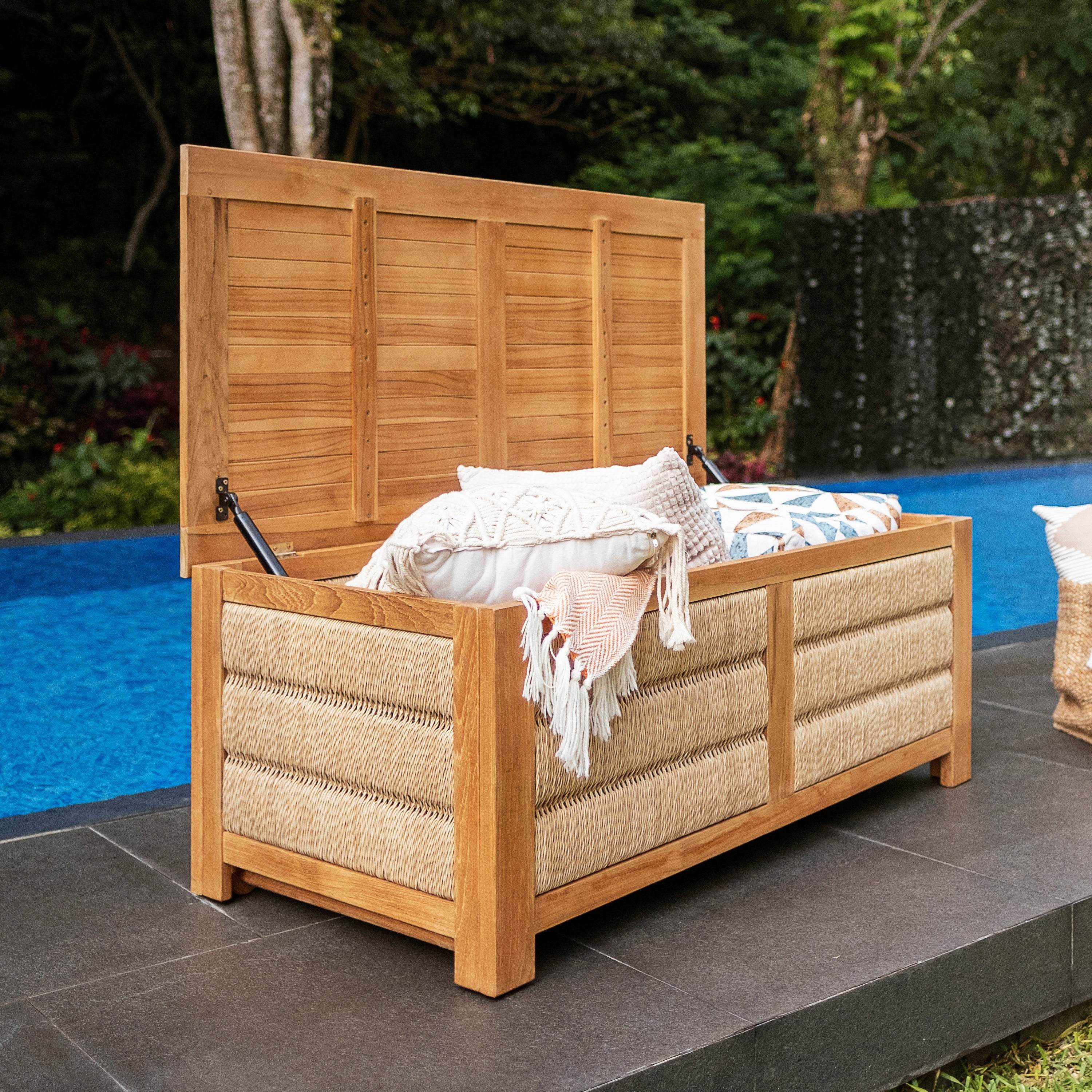 Blaine Teak Wood Outdoor Storage Deck Box with Brown Wicker - Image 2