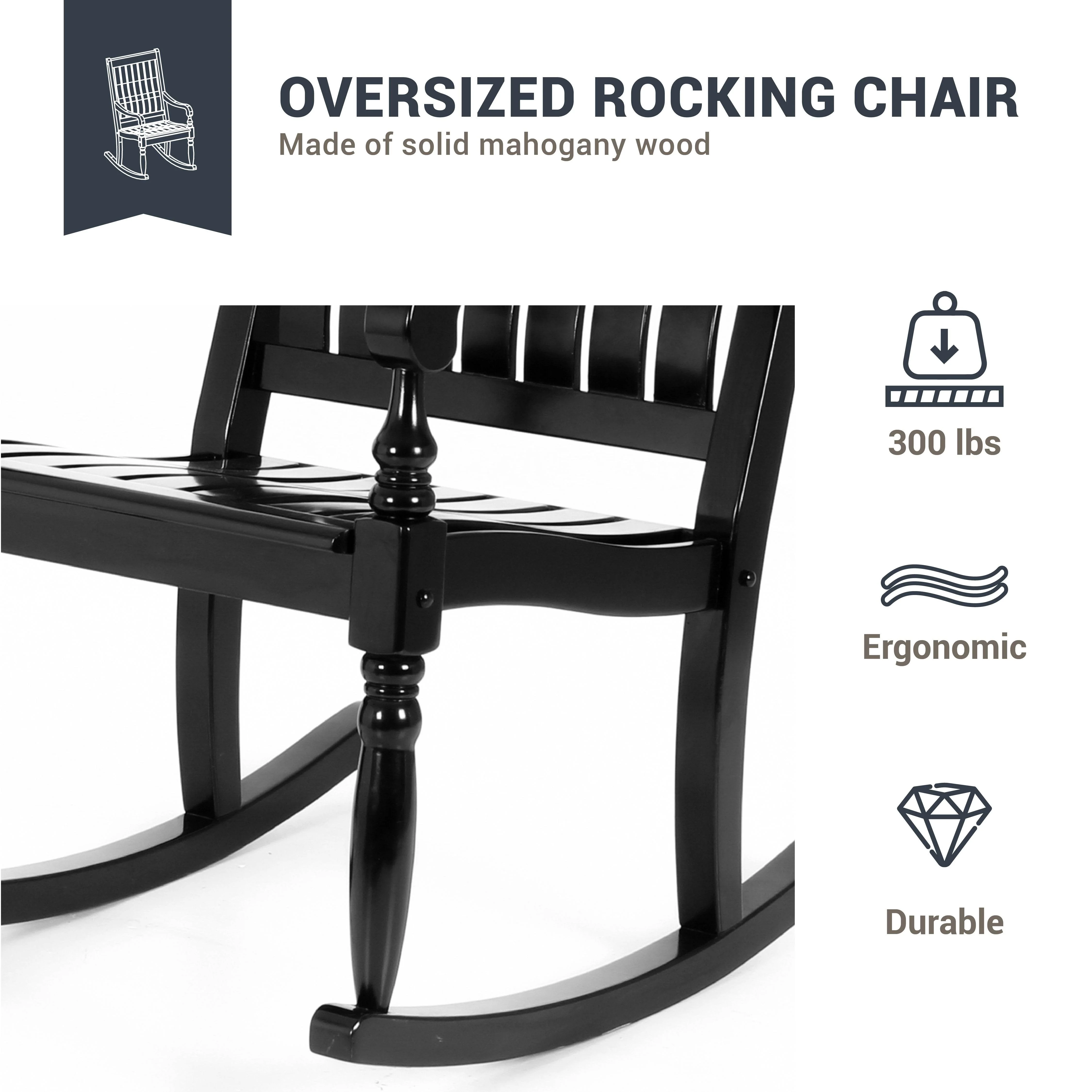 Bonn Mahogany Wood Black Oversized Porch Rocking Chair - Image 4