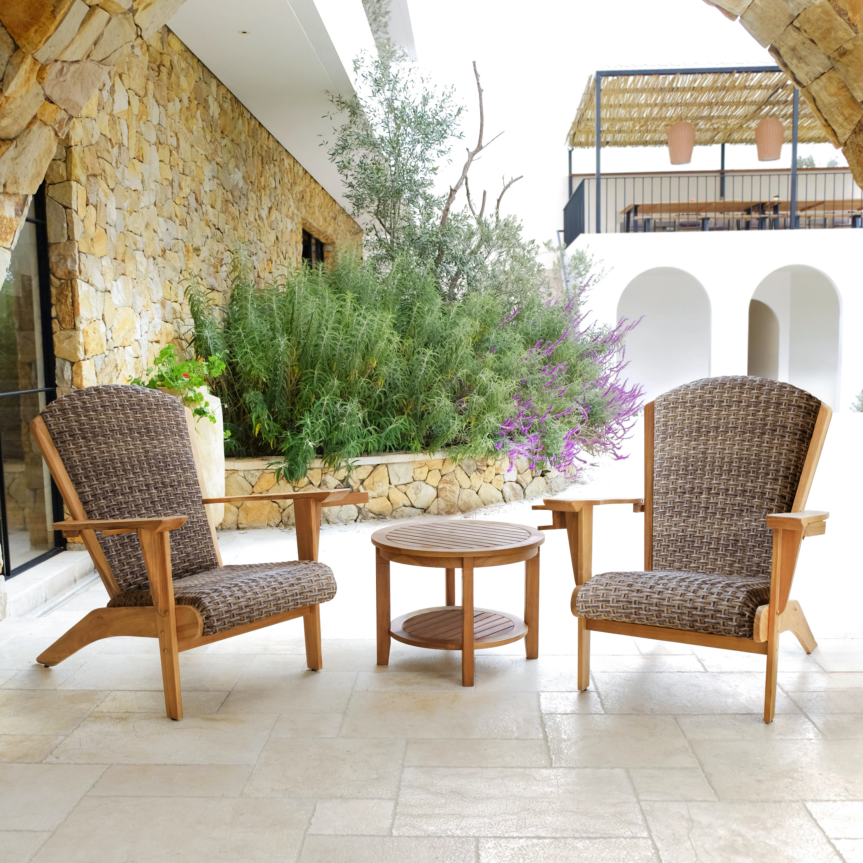 Camden 3 Piece Teak Wood Patio Conversation Set with Gray Padded Wide Woven Seat – FREE Furniture Cover
