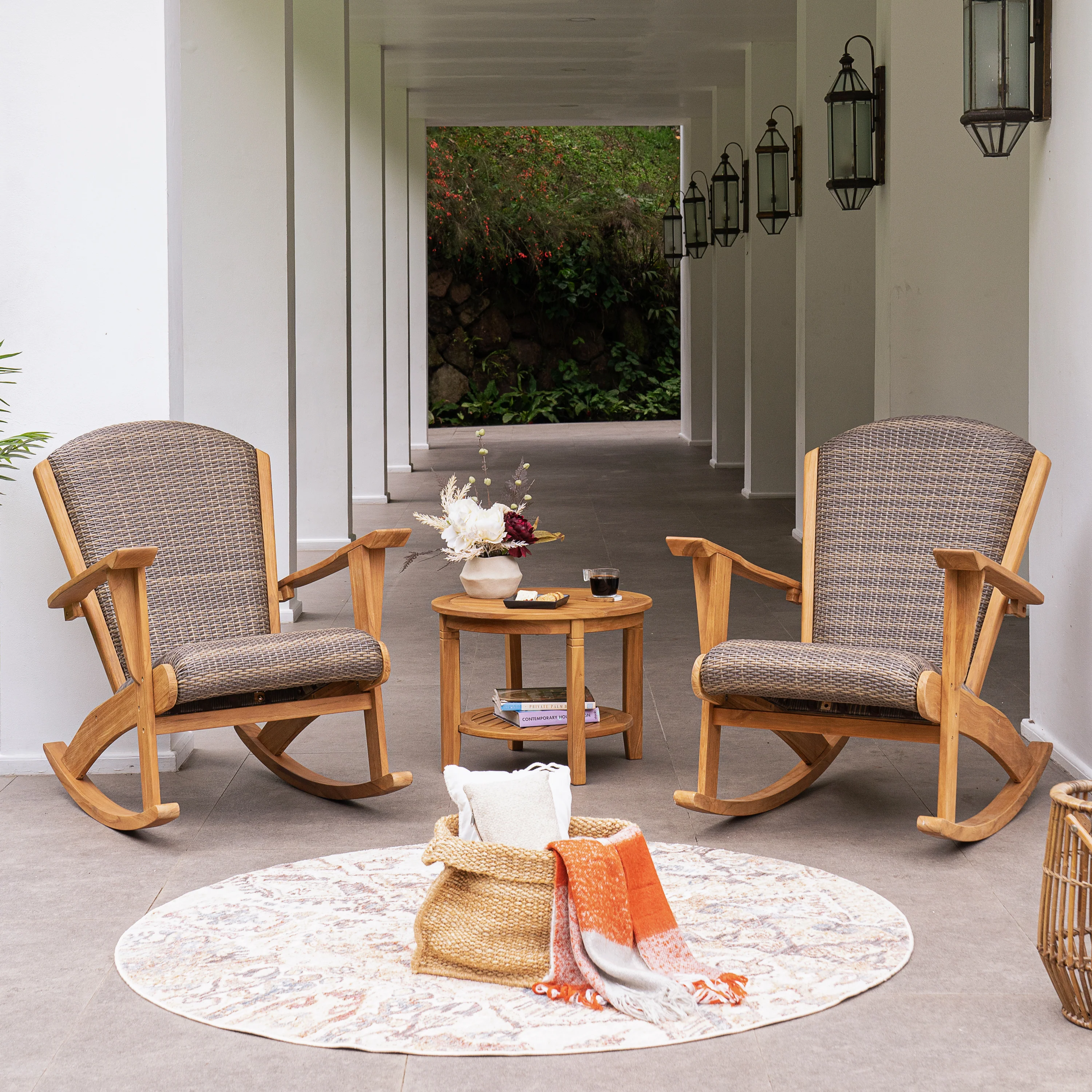 Camden Teak Outdoor Rocking Chair with Padded Woven Seat - Image 3