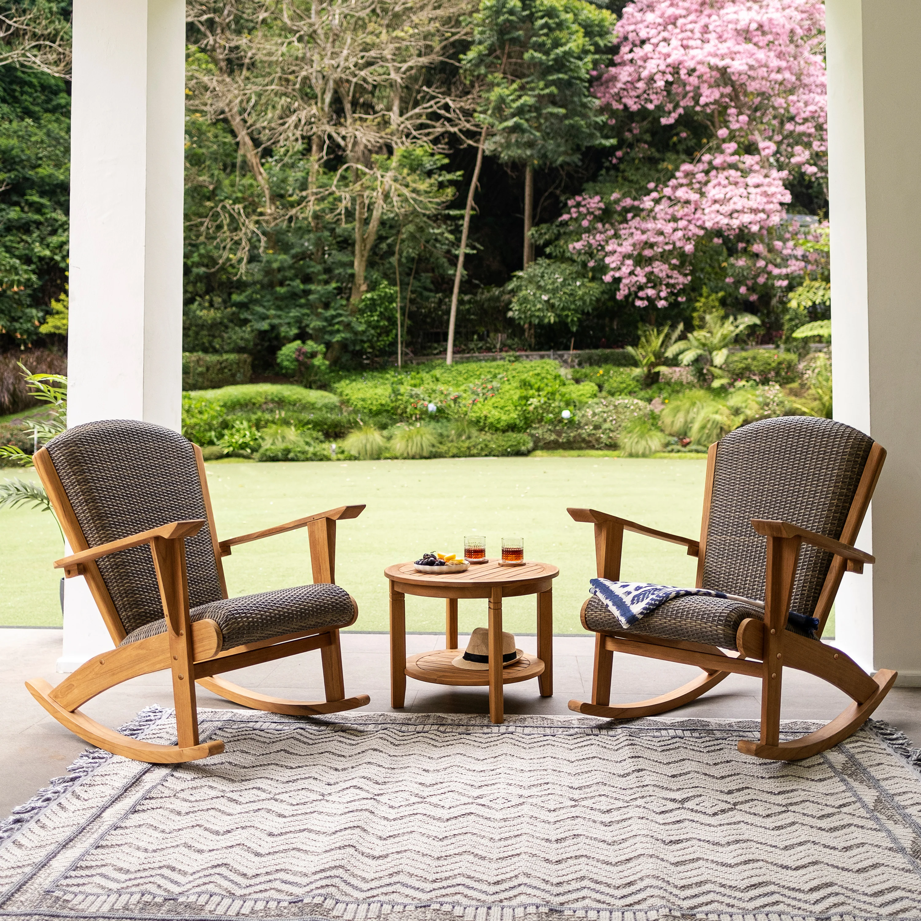 Camden Teak Outdoor Rocking Chair with Padded Woven Seat - Image 7