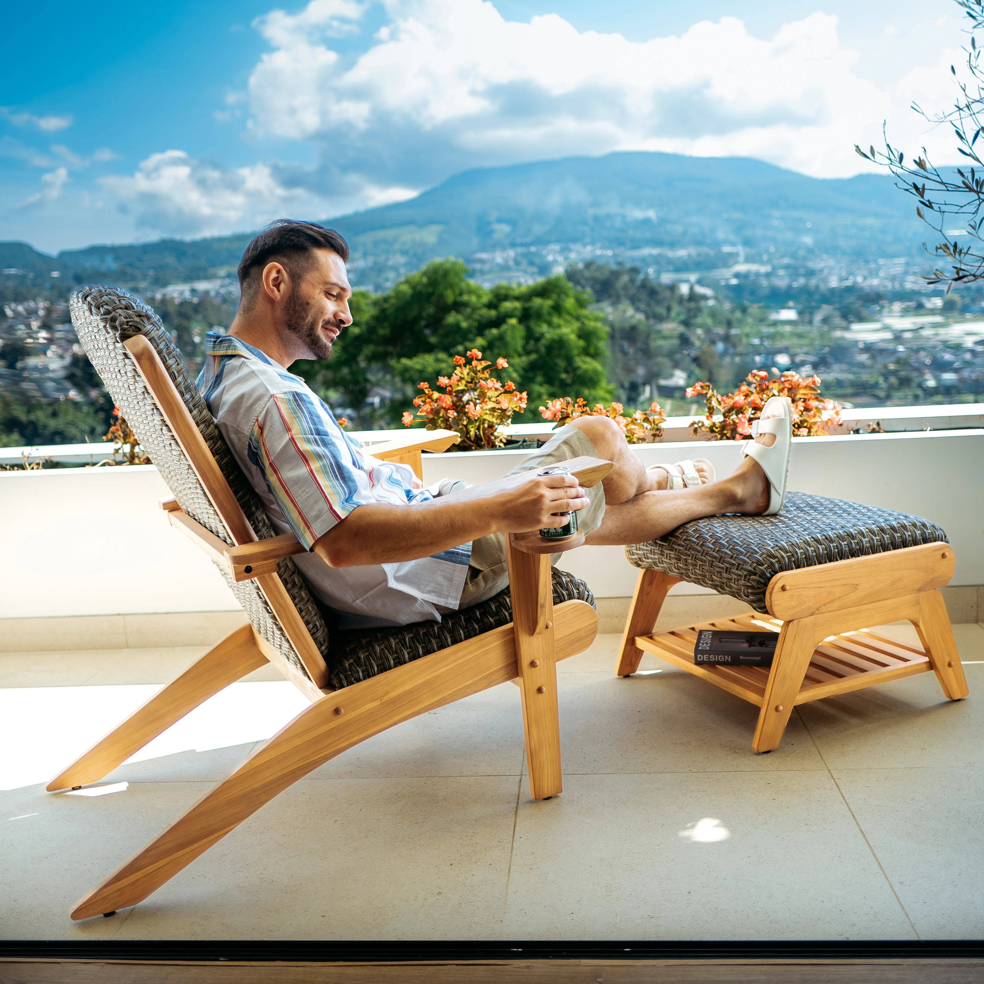 Camden Teak Wood Outdoor Adirondack Chair with Ottoman and Padded Woven Seat – FREE Furniture Cover - Image 3
