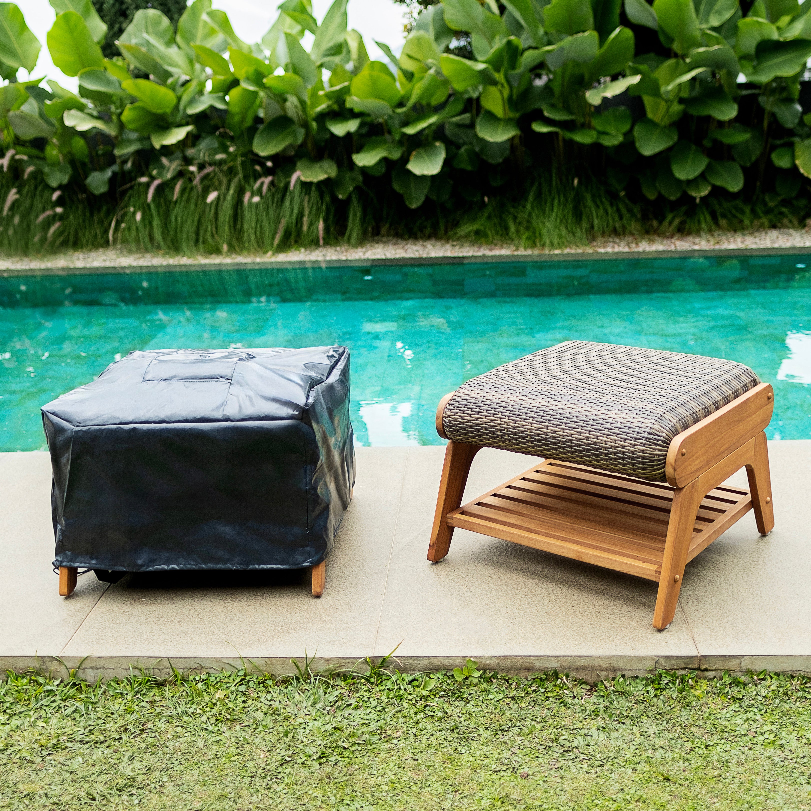 Camden Teak Wood Outdoor Ottoman with Padded Woven Seat – FREE Furniture Cover - Image 2