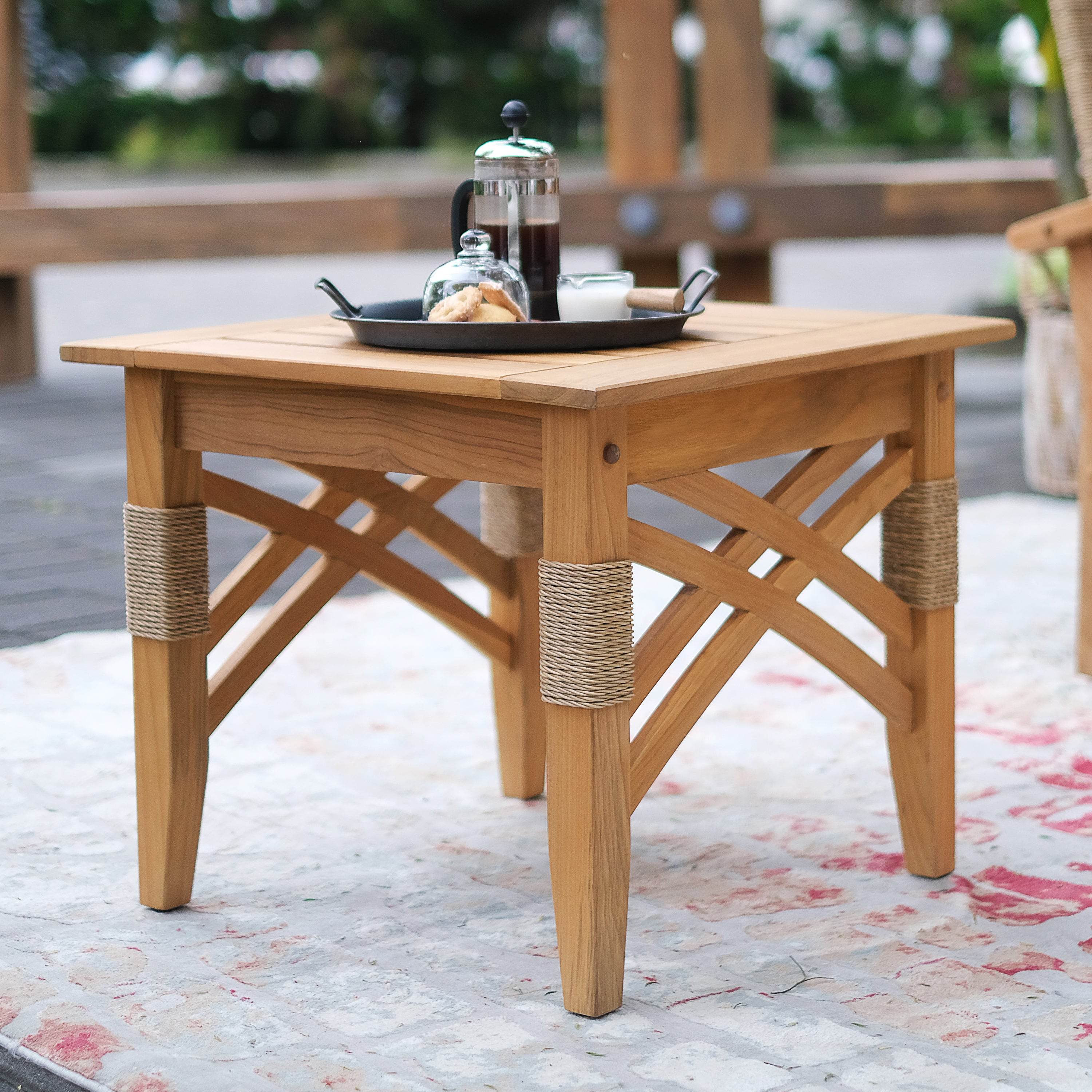Carmel 3 Piece Teak Wood Patio Conversation Set with Tan Cushion - Image 8