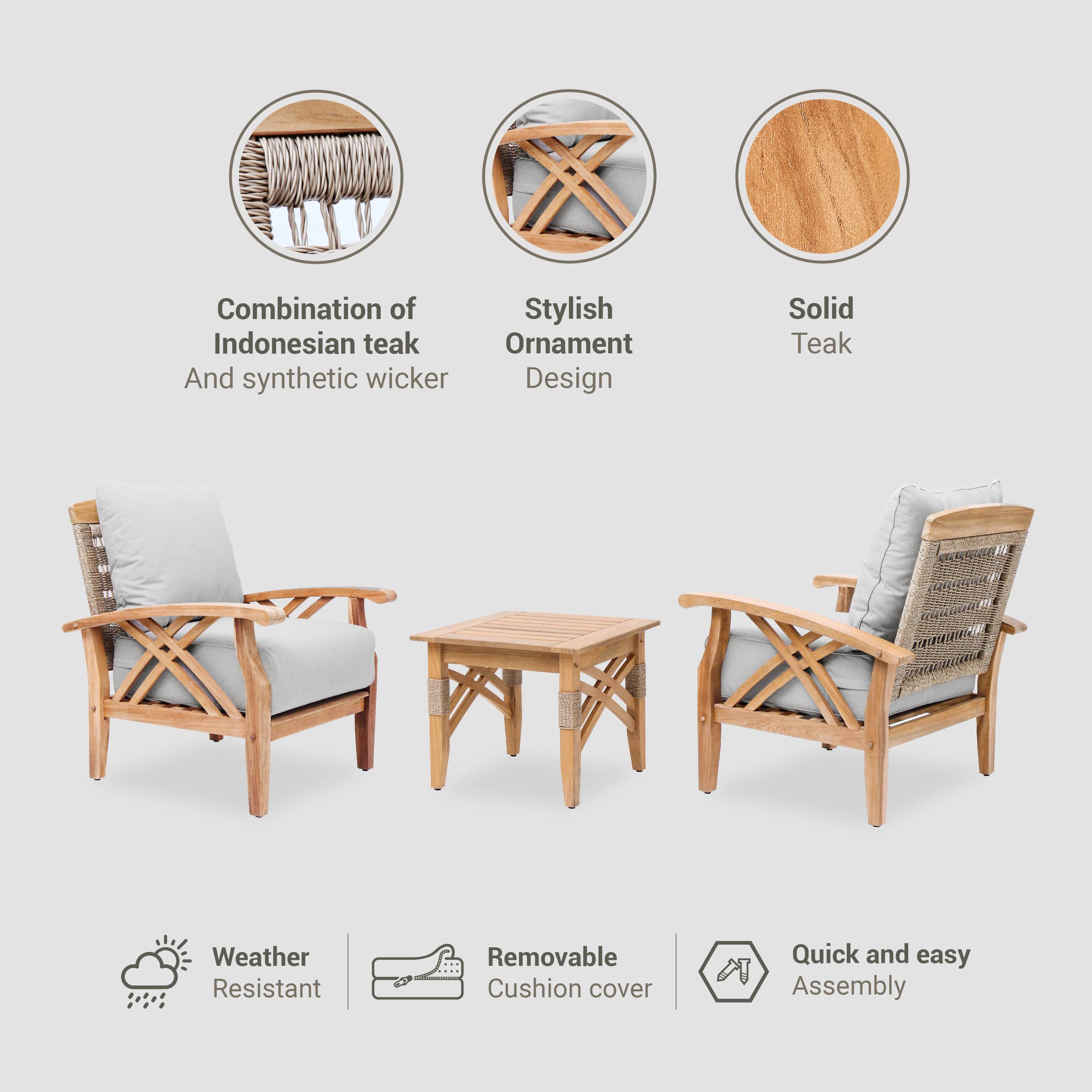Carmel 3 Piece Teak Wood Patio Conversation Set with Tan Cushion - Image 6