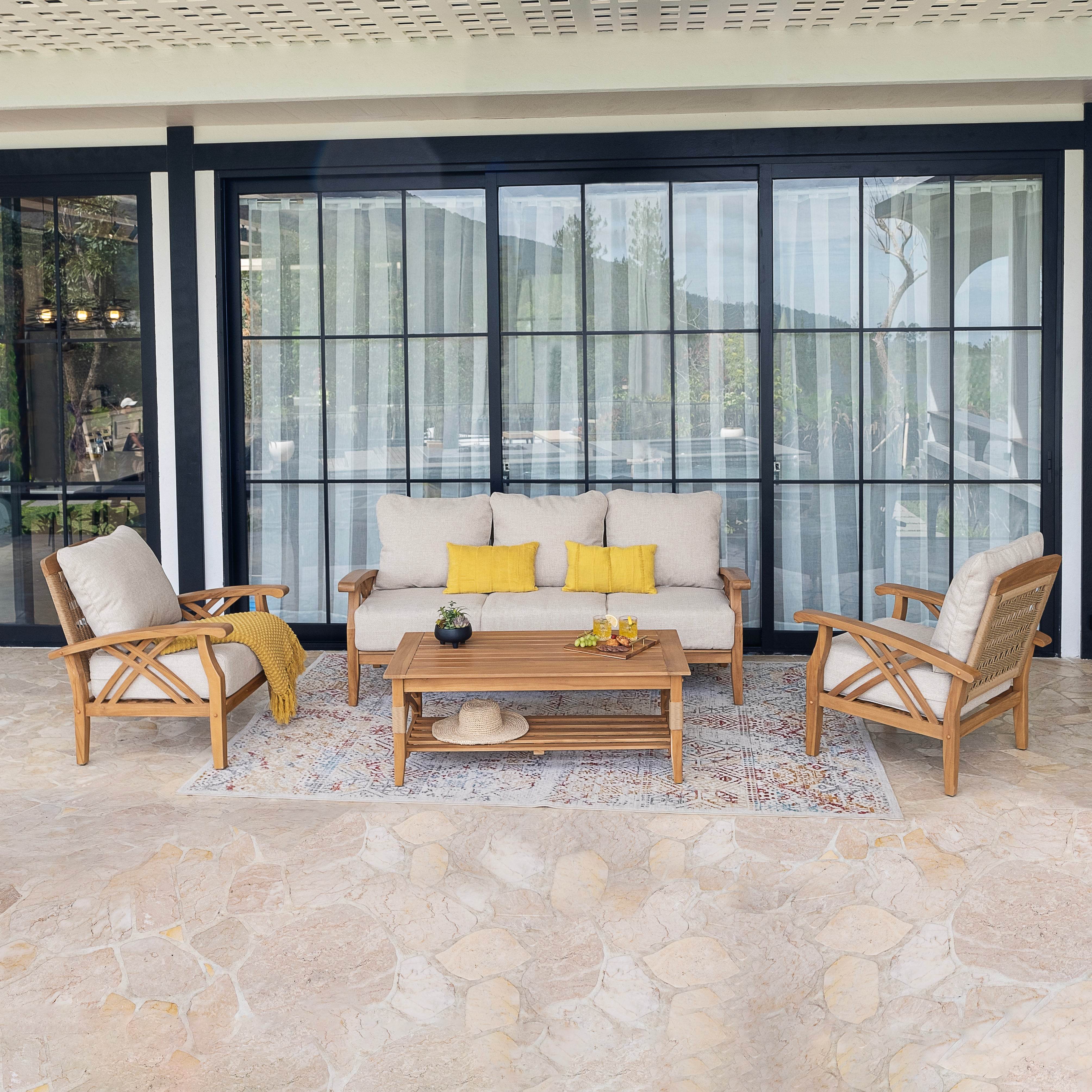Carmel 4 Piece Teak Wood Patio Conversation Set with Honey Twist Wicker