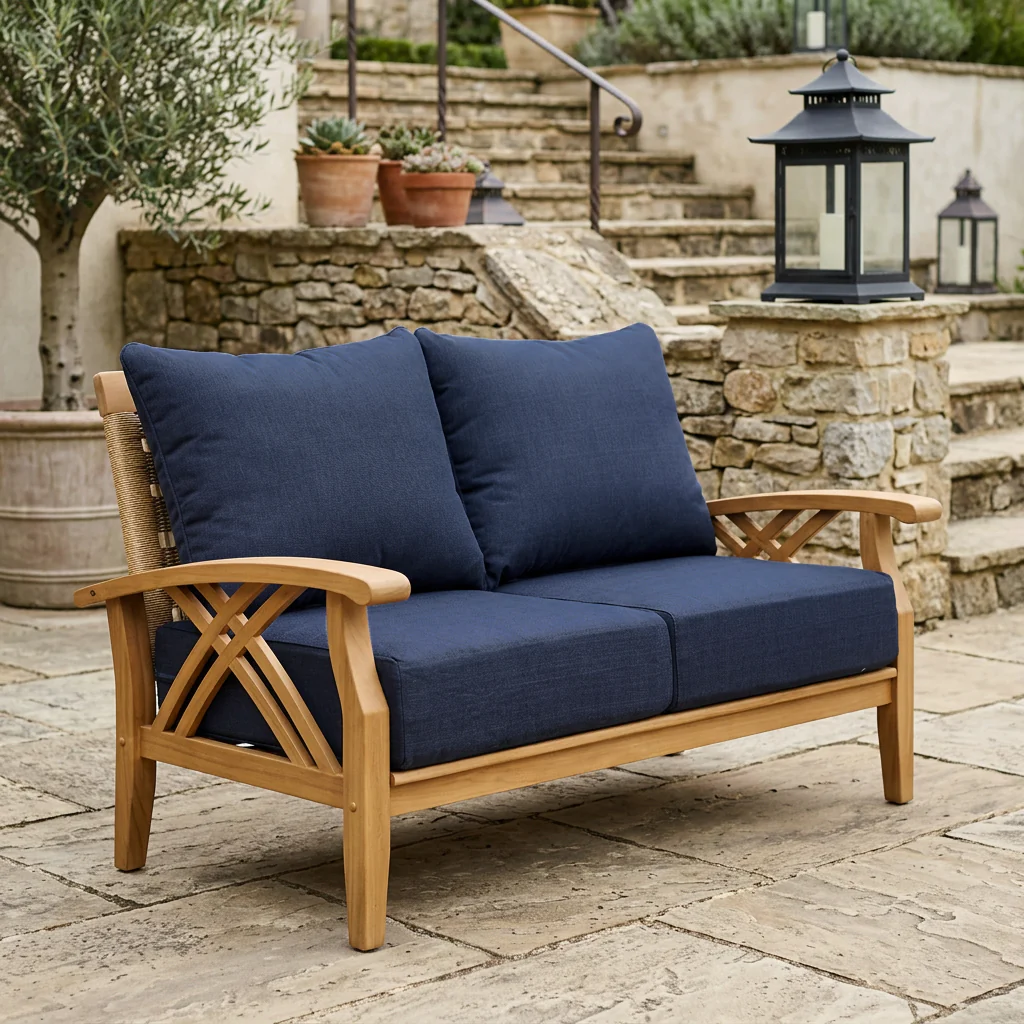 Carmel 4 Piece Teak Wood Patio Conversation Set with Navy Cushions - Image 3
