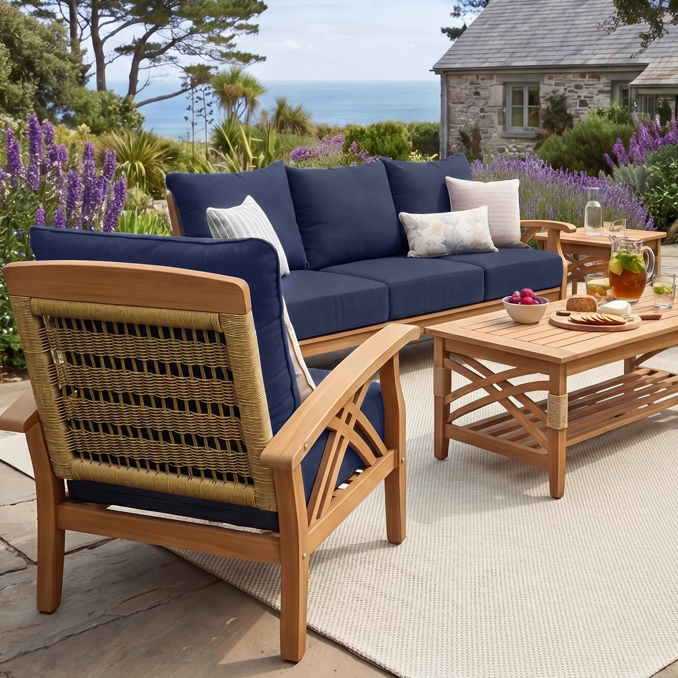 Carmel 5 Piece Teak Wood Patio Conversation Set with Navy Cushions - Image 3
