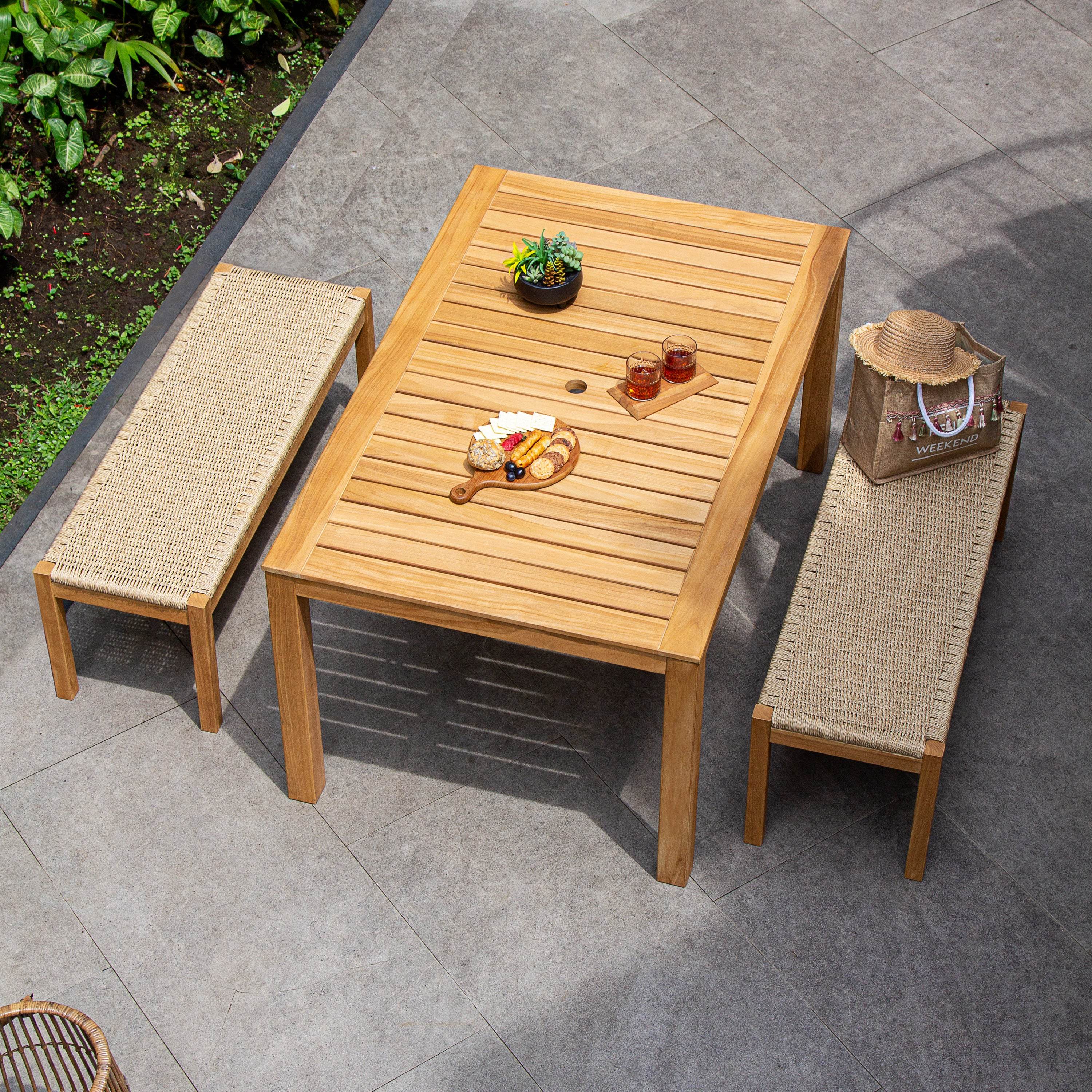 Carmel Teak Wood 3 Pieces Outdoor Picnic Dining Set with Honey Twist Wicker - Image 6