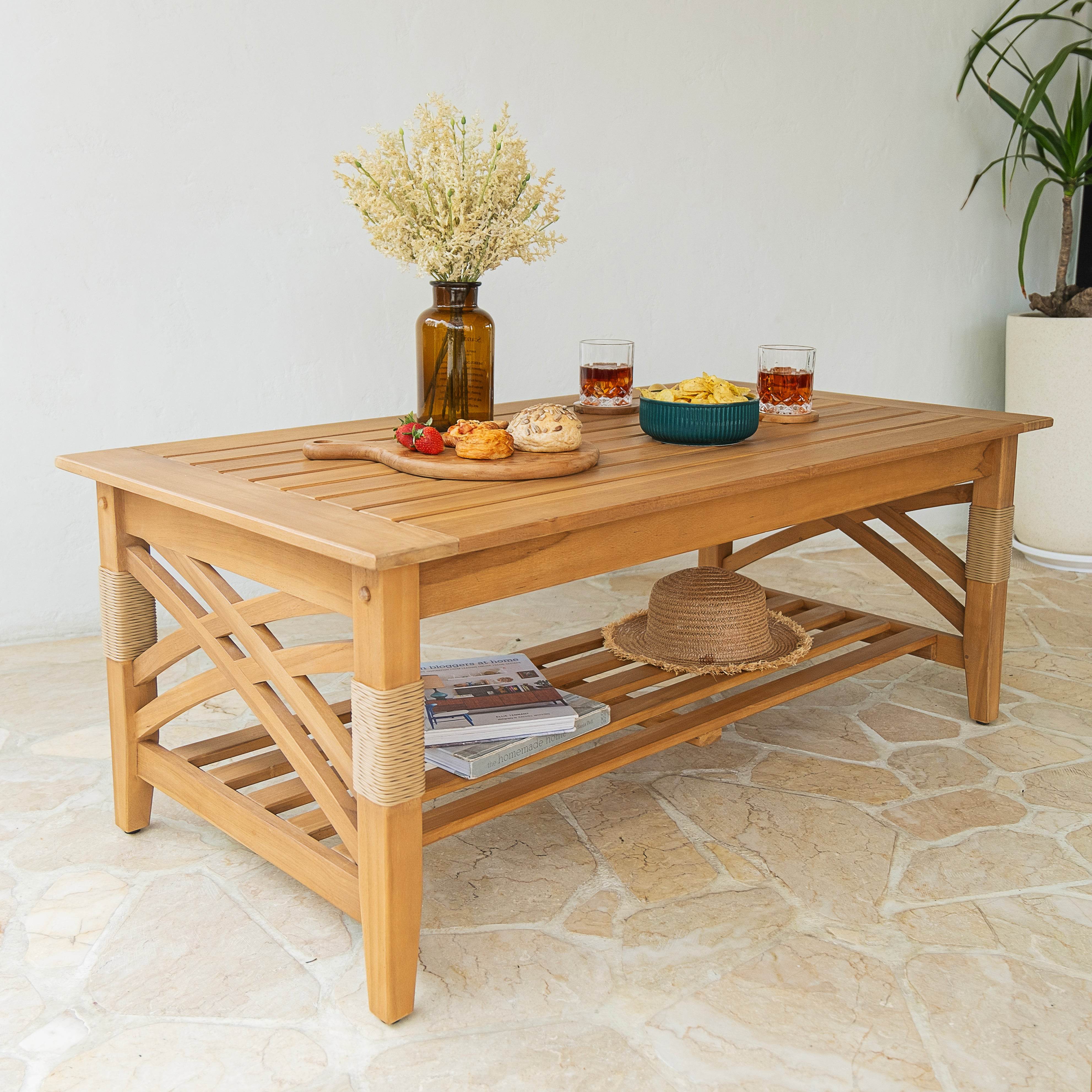 Carmel Teak Wood Patio Coffee Table with Shelf - Image 8