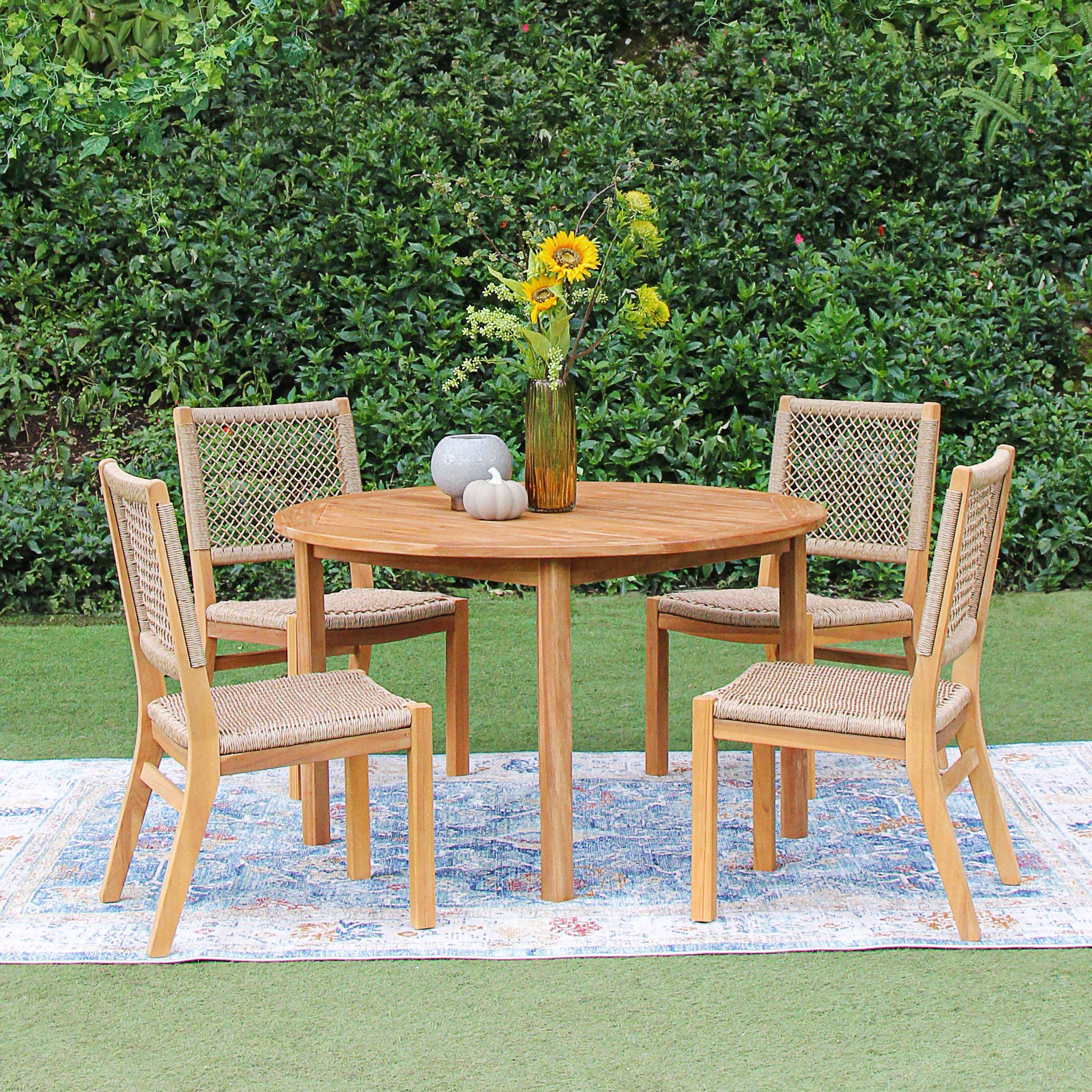 Carmel Teak Wood 5 Pieces Patio Dining Set with Honey Twist Wicker - Image 2