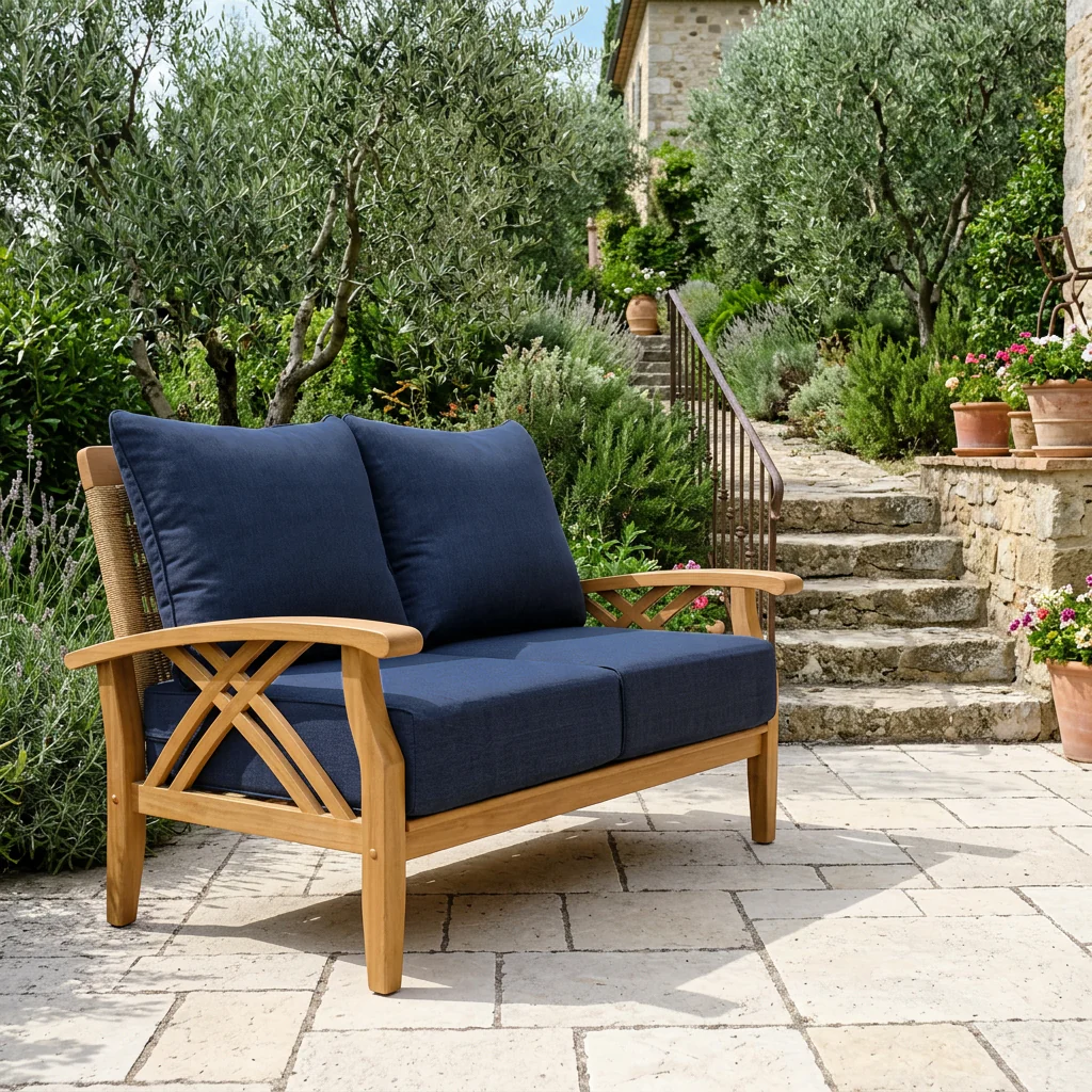 Carmel Teak Wood Patio Loveseat with Navy Cushions - Image 3
