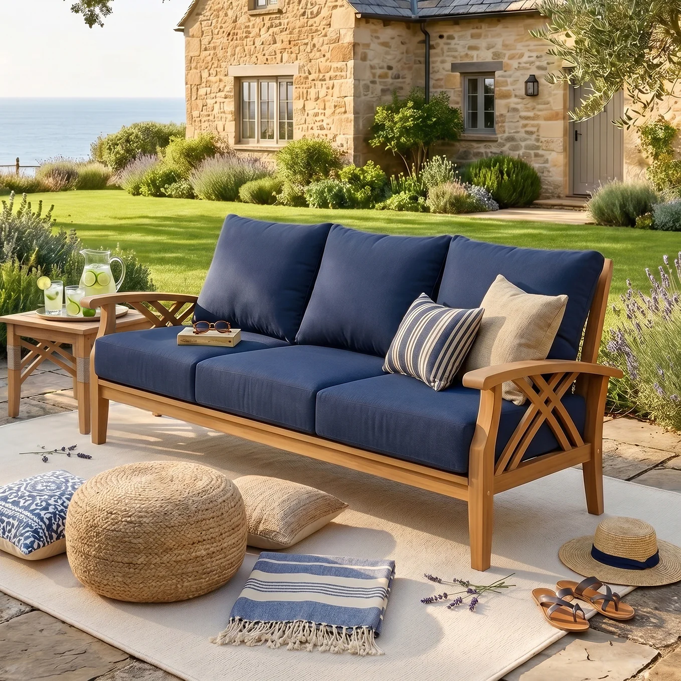 Carmel Teak Wood Patio Sofa with Navy Cushions - Image 2
