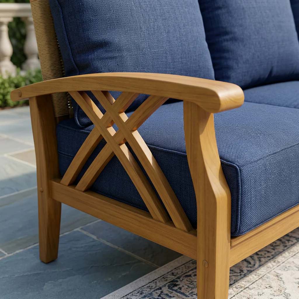 Carmel Teak Wood Patio Sofa with Navy Cushions - Image 5