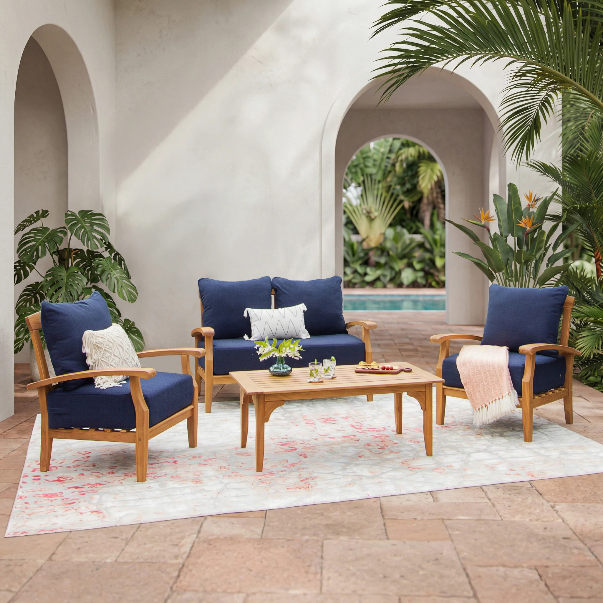Caterina Teak Wood 4 Piece Patio Conversation Set with Navy Cushion