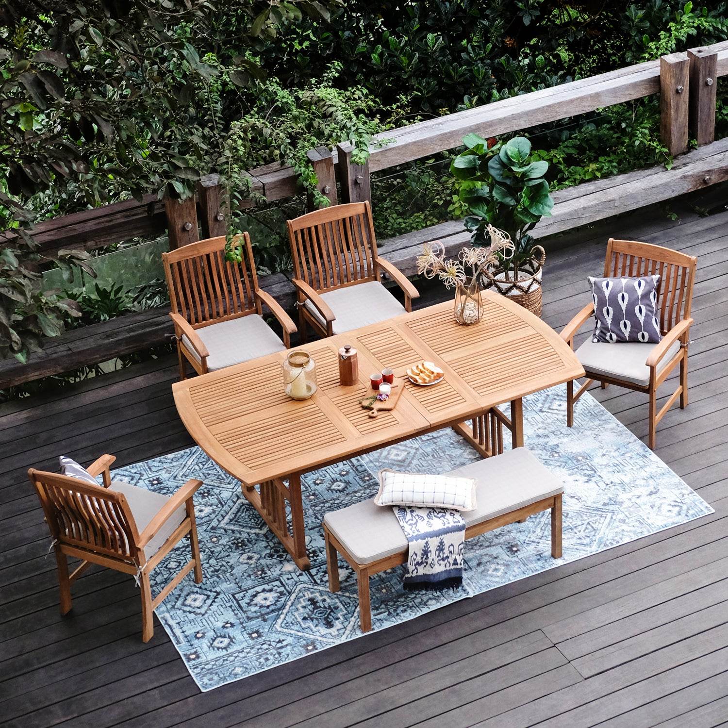 Caterina Teak Wood 6 Piece Outdoor Dining Set with Backless Bench - Image 6