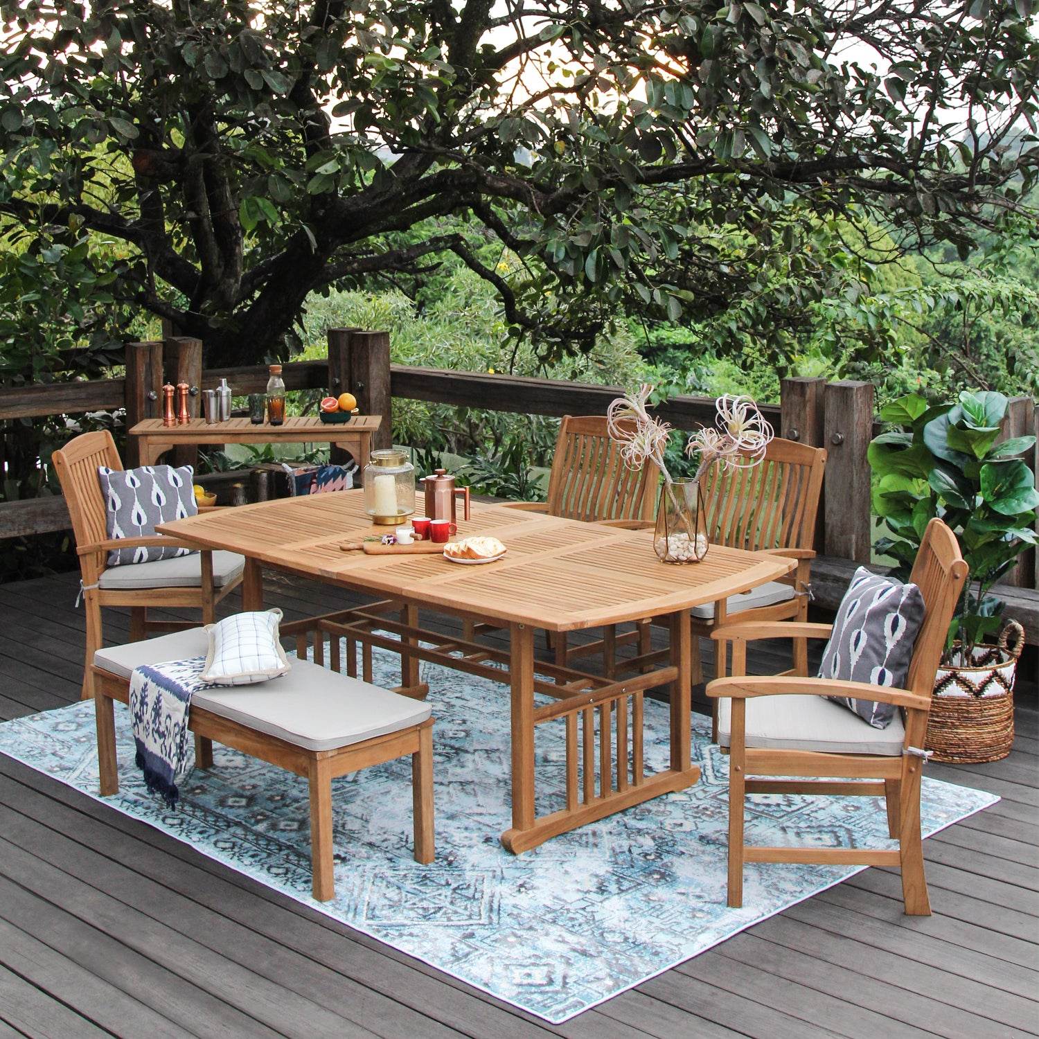 Caterina Teak Wood 6 Piece Outdoor Dining Set with Backless Bench - Image 9