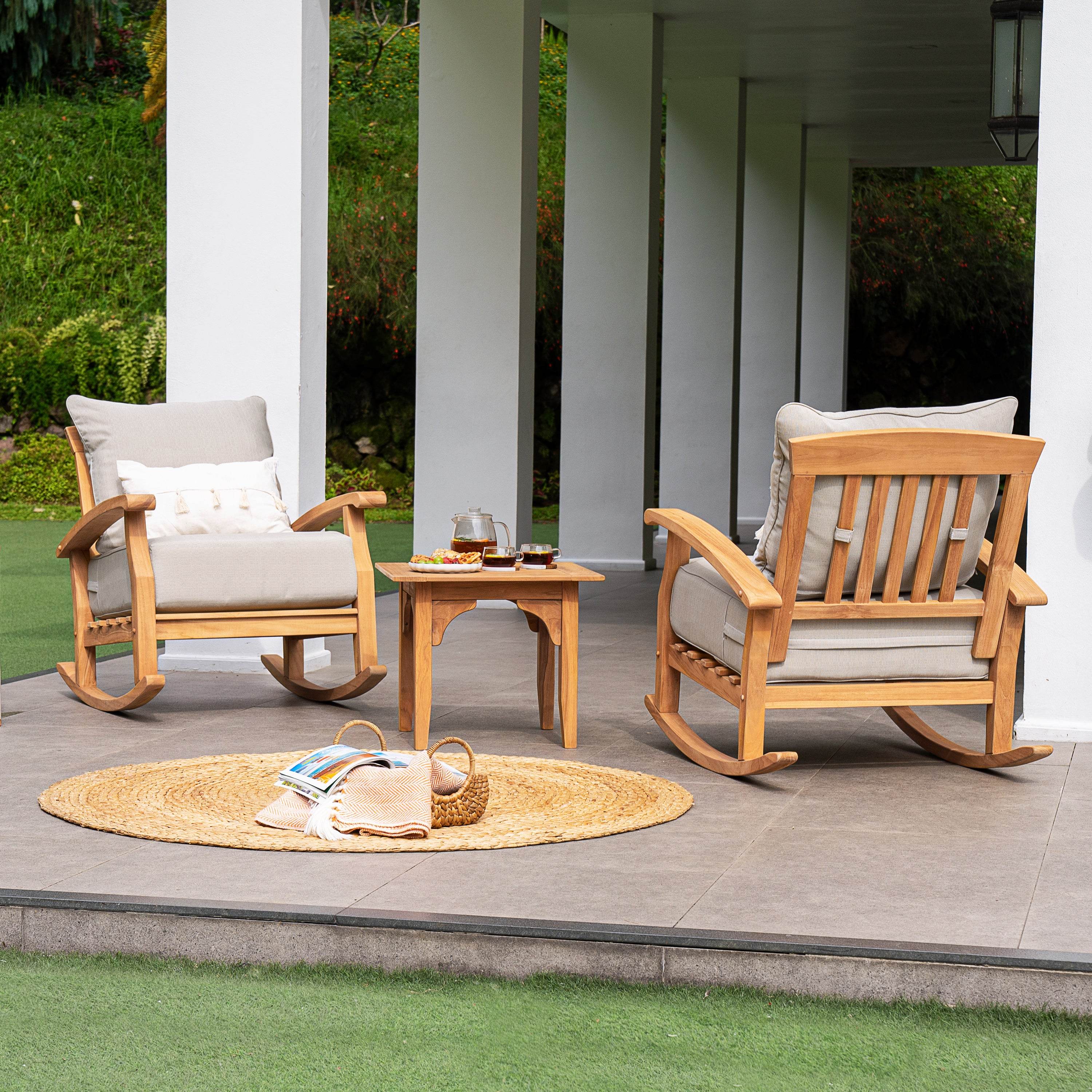 Caterina Teak Wood Outdoor Rocking Chair with Beige Cushion - Image 7