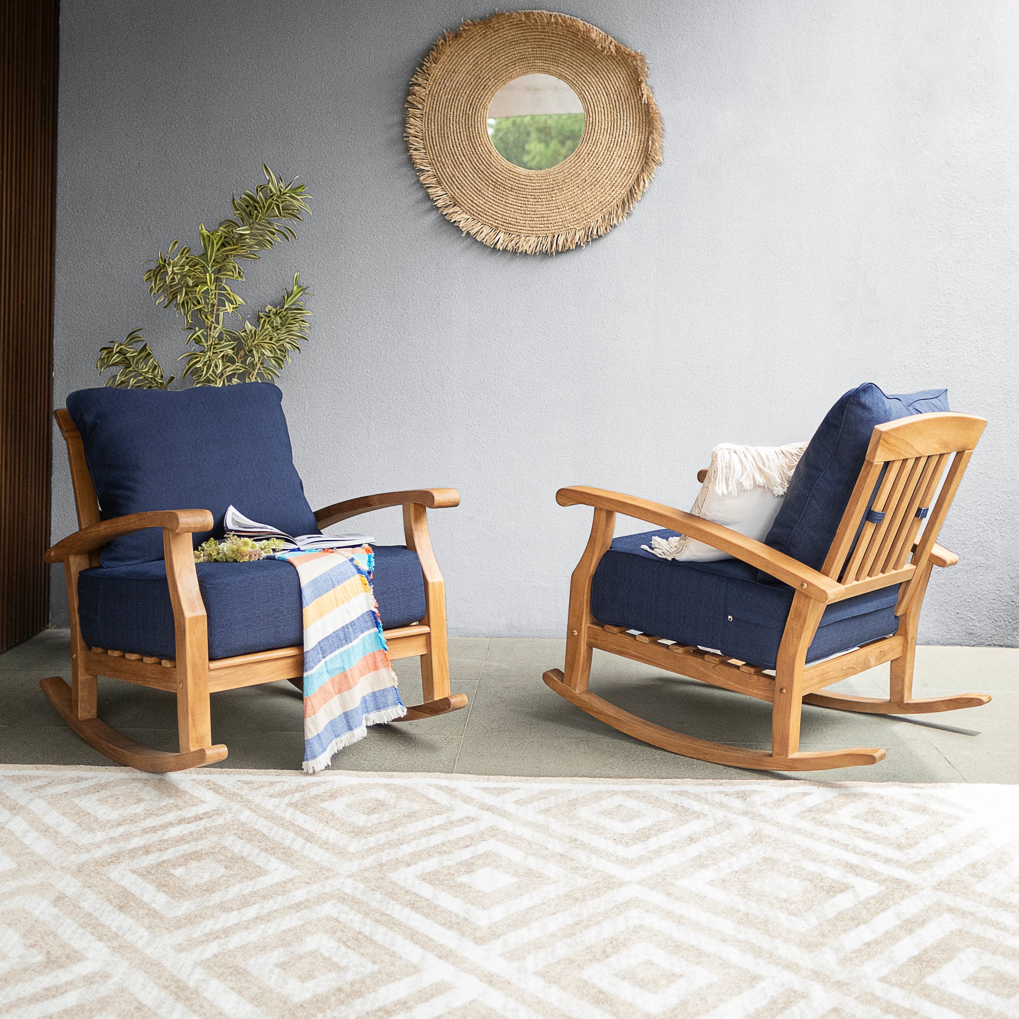 Caterina Teak Wood Outdoor Rocking Chair with Navy Cushion - Image 7