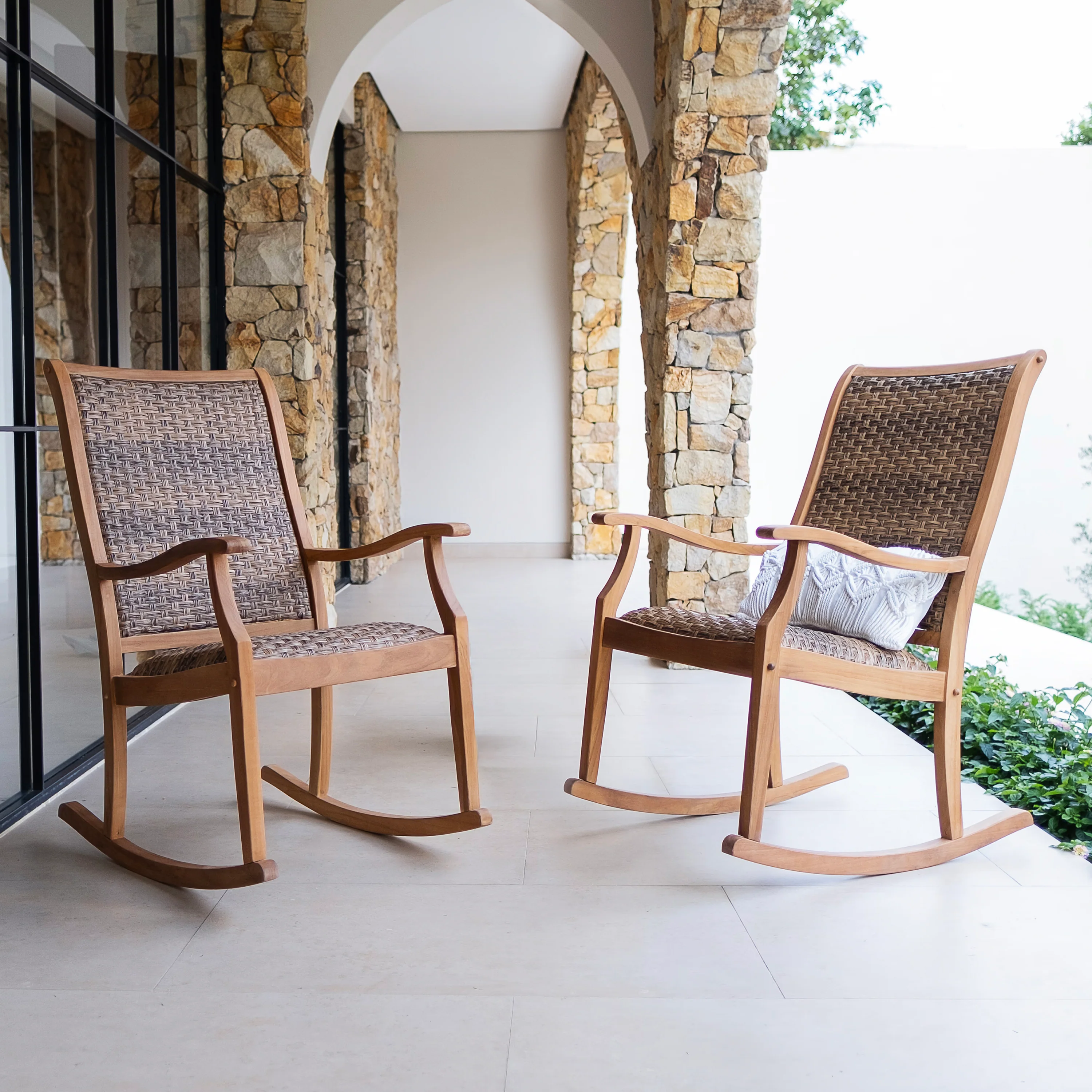 Dunham 2 Piece Teak Wood Outdoor Rocking Chair with Padded Woven Seat - Image 2