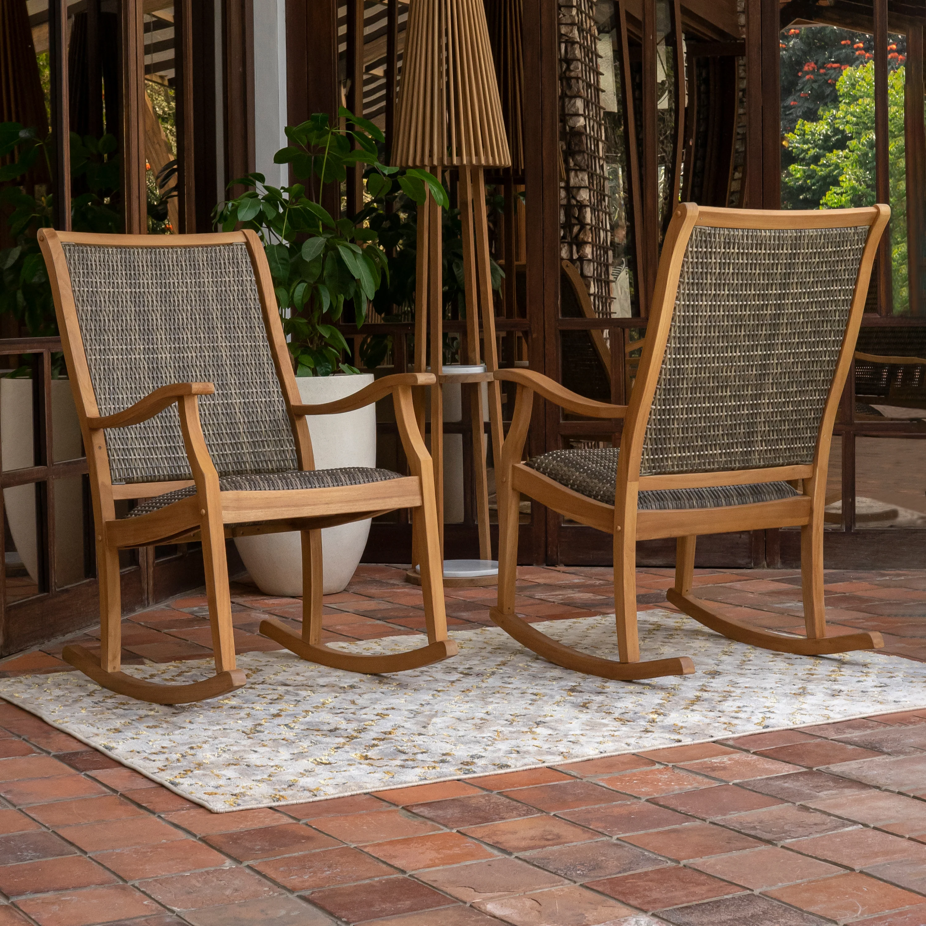 Dunham Teak Wood 3 Piece Porch Rocker Conversation Set with Padded Woven Seat - Image 6