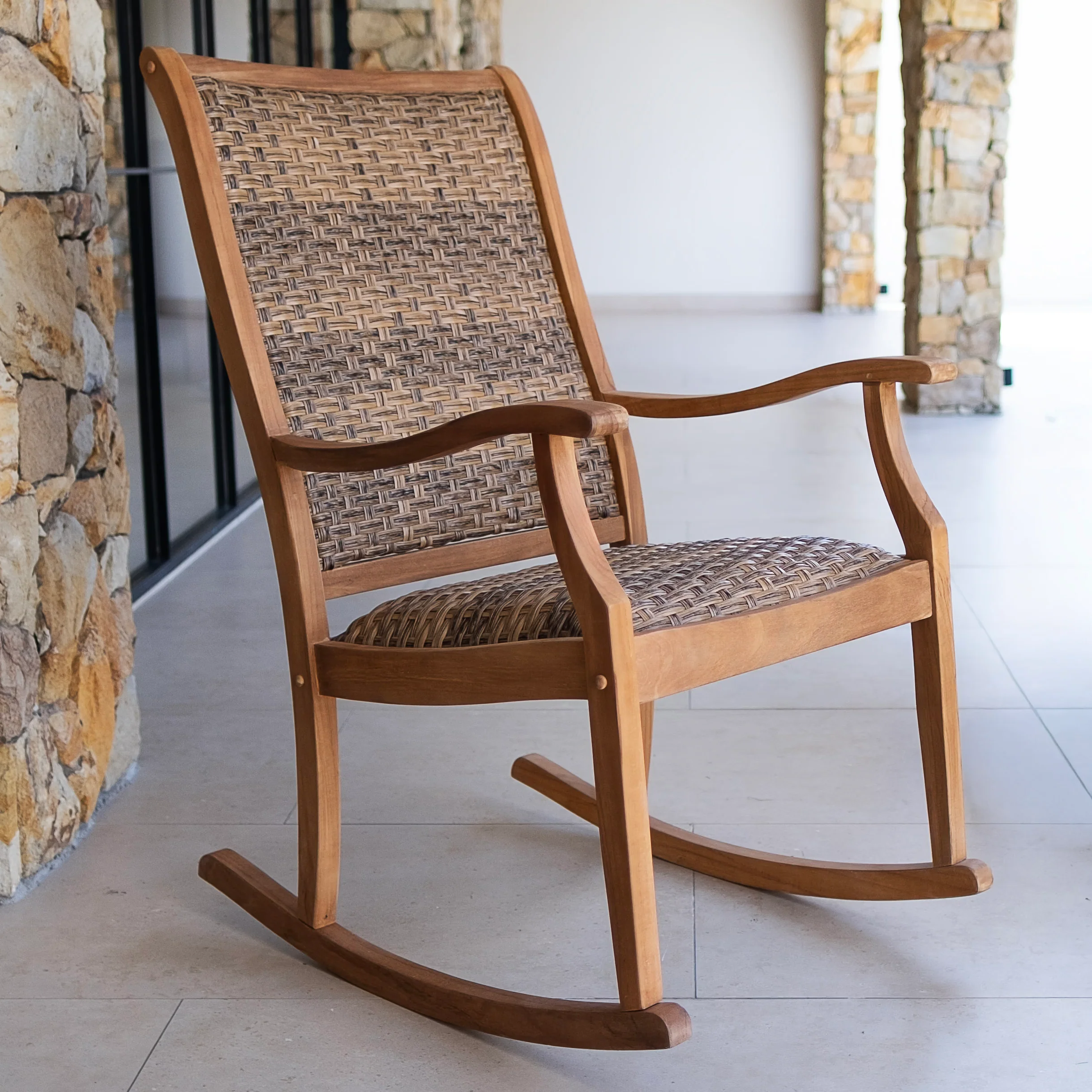 Dunham Teak Wood Outdoor Rocking Chair with Padded Woven Seat