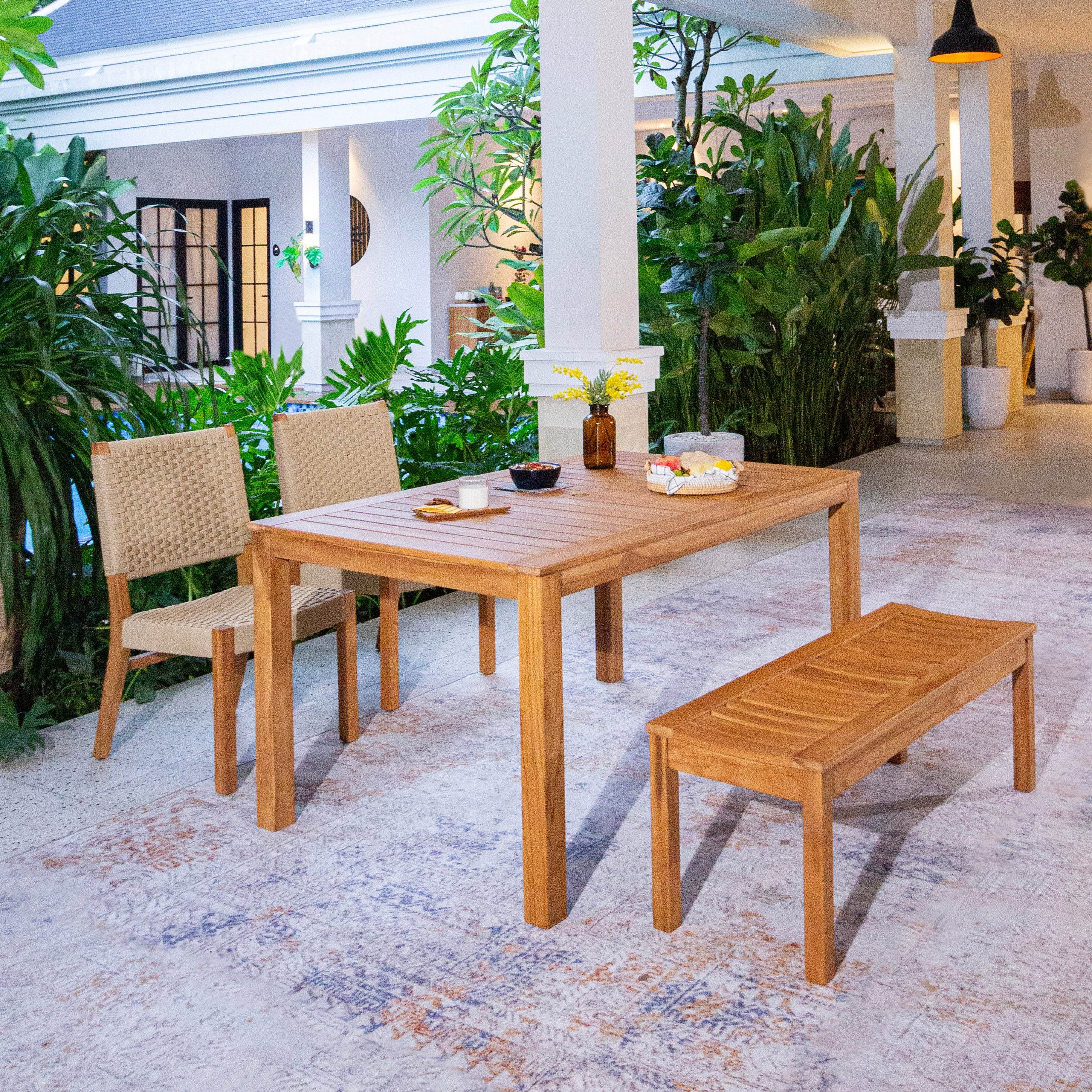 Eden Teak Wood 4 Piece Outdoor Dining Set with Tan Polyrope - Image 2