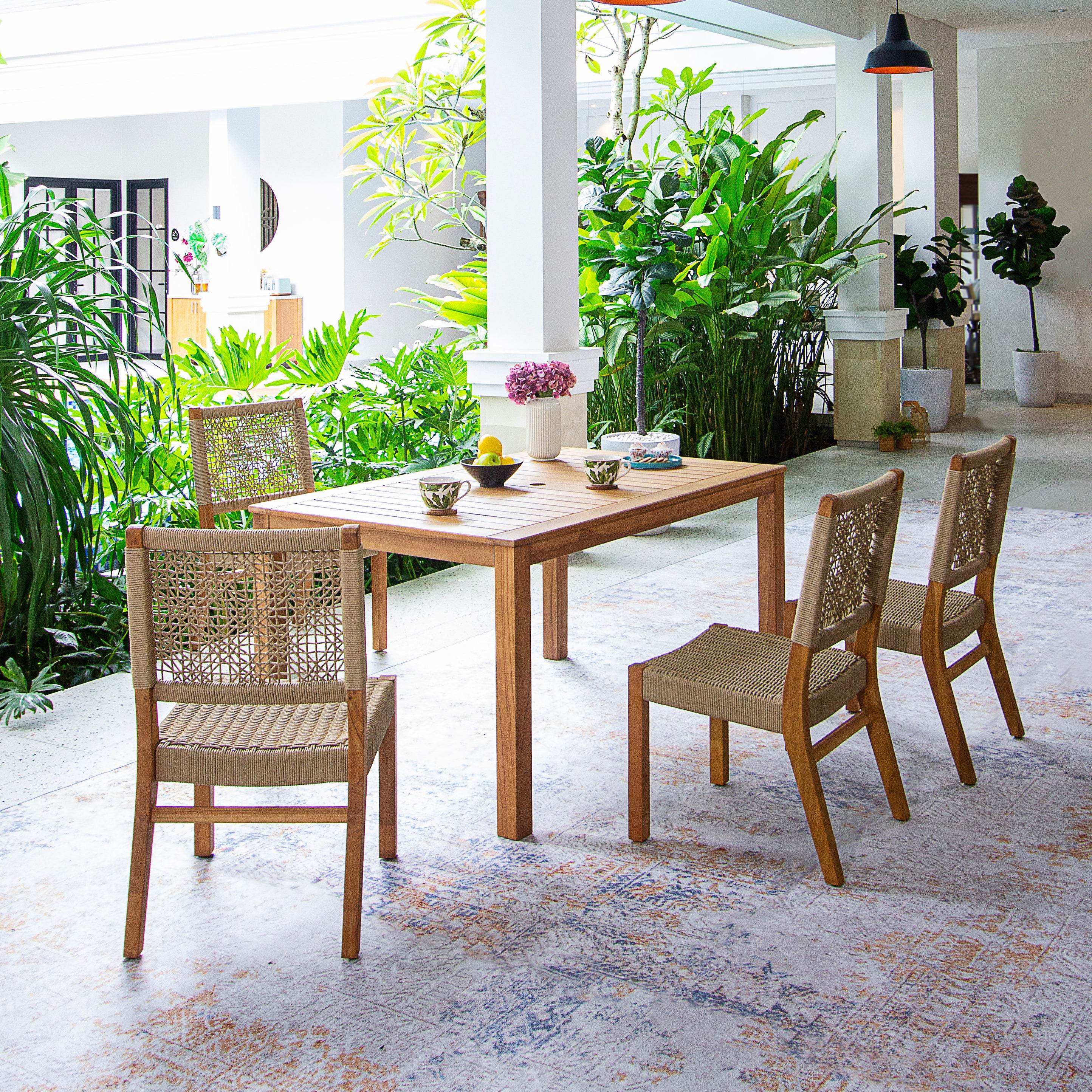 Eden Teak Wood 5 Pieces Outdoor Rectangular Dining Table with Tan Polyrope - Image 2