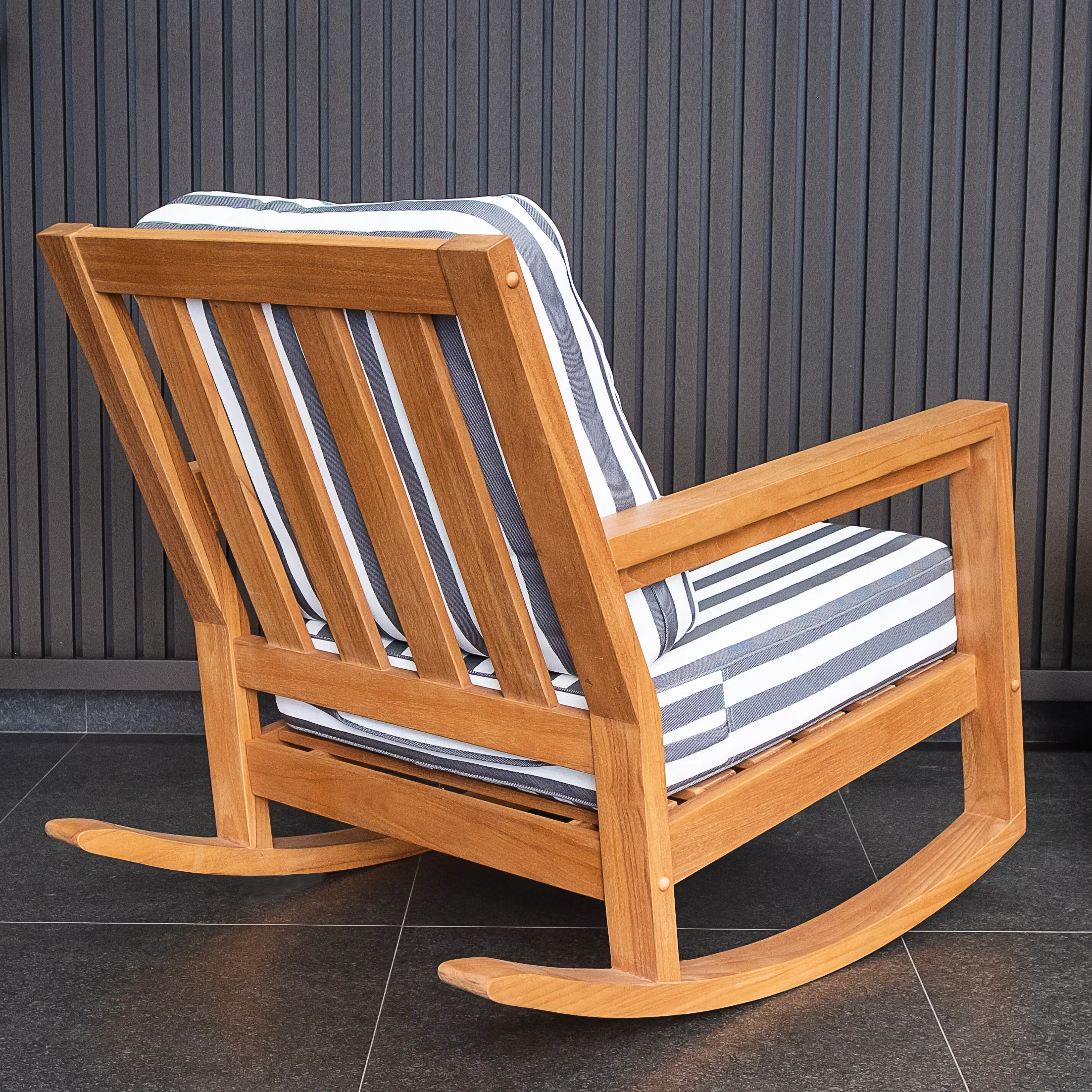 Hampton Teak Wood 3 Piece Patio Rocking Chair with Stripe White Gray Cushion - Image 15