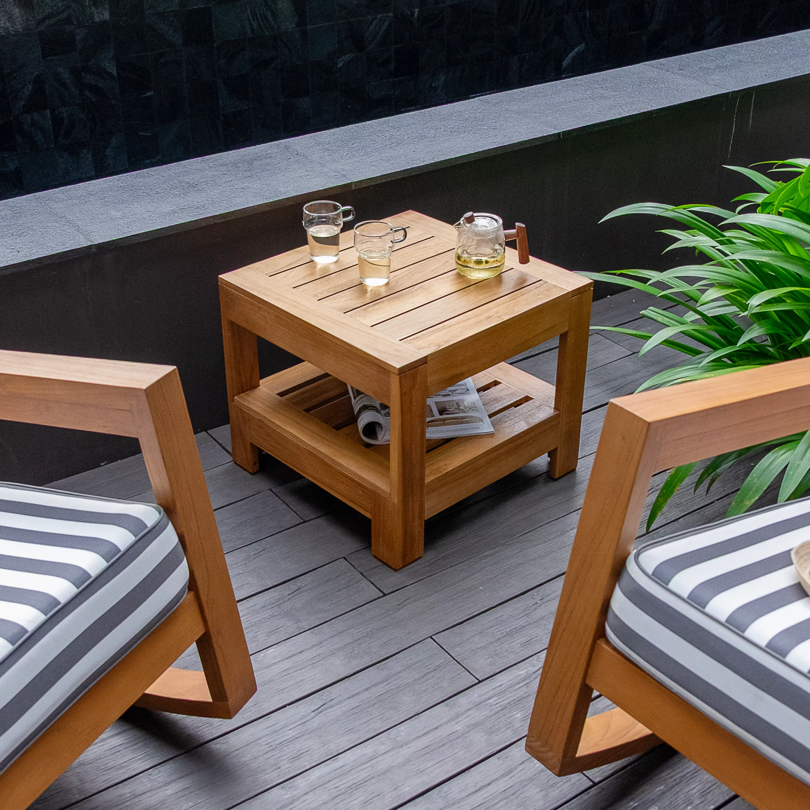 Hampton Teak Wood 3 Piece Patio Rocking Chair with Stripe White Gray Cushion - Image 21