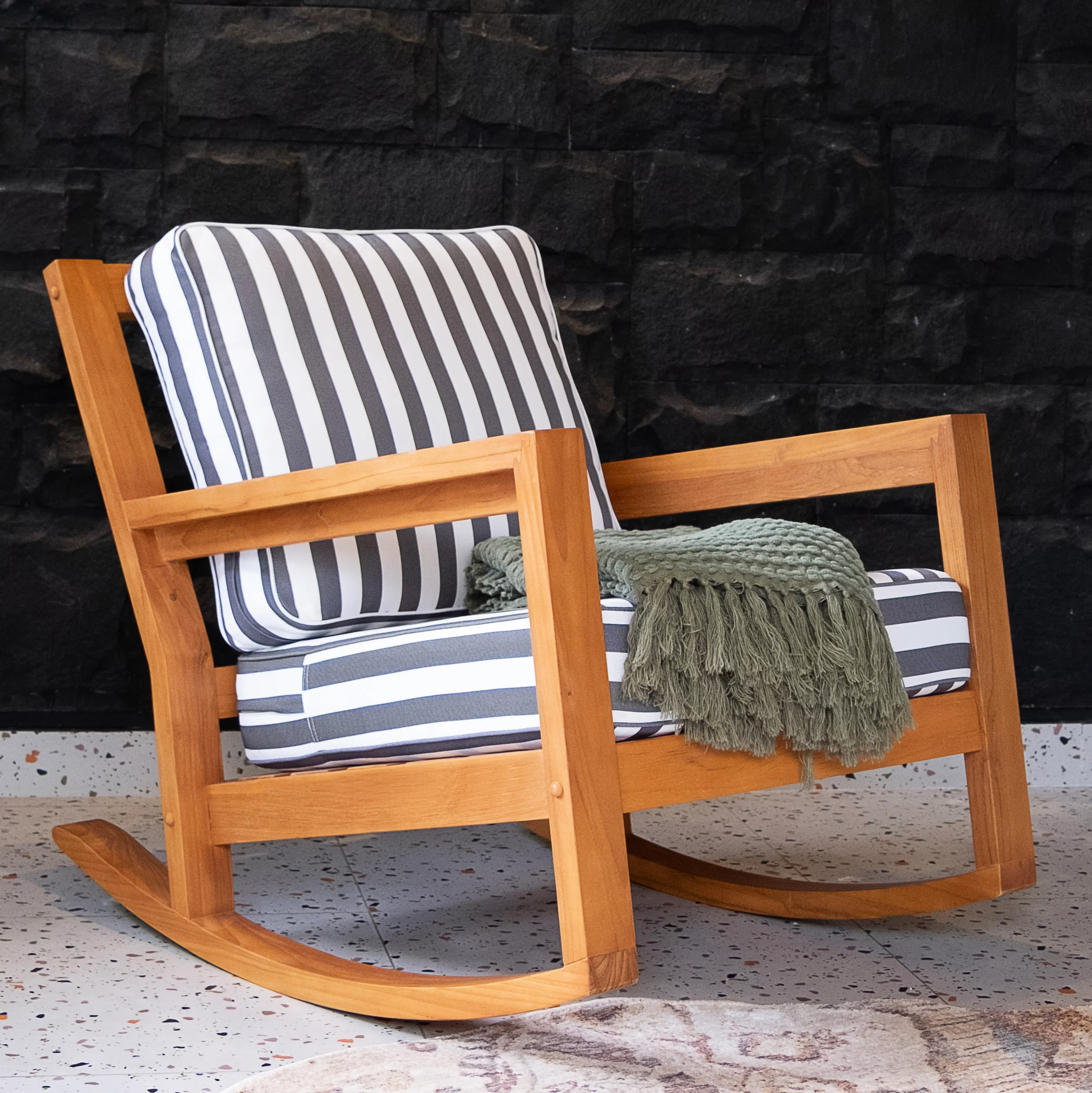 Hampton Teak Wood Patio Rocking Chair with Stripe White Gray Cushion - Image 3
