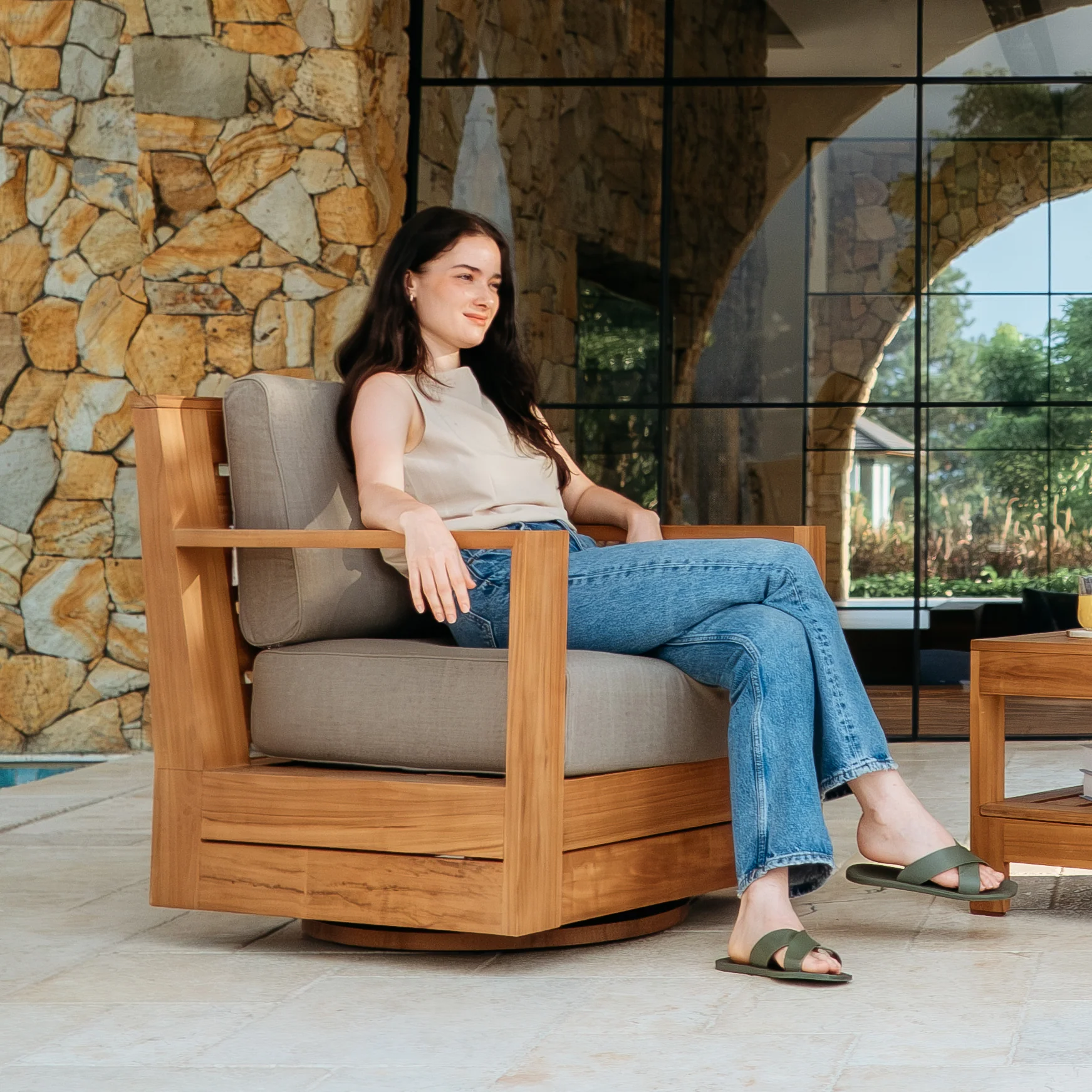 Logan 4 Piece Teak Wood Patio Conversation Set with Sunbrella Cast Shale Cushion - Image 8