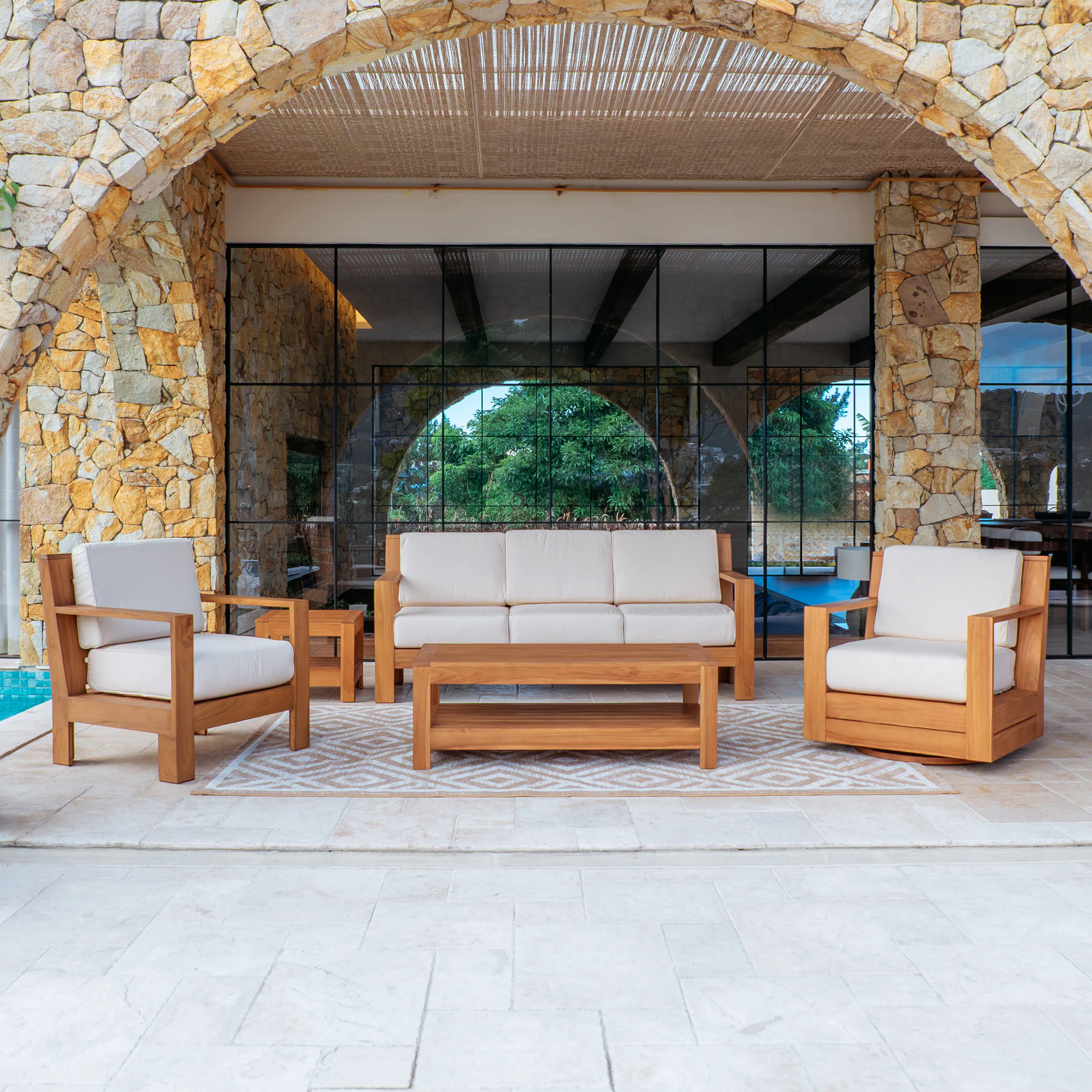 Logan 5 Piece Teak Wood Patio Conversation Set with Sunbrella Vellum Cushion