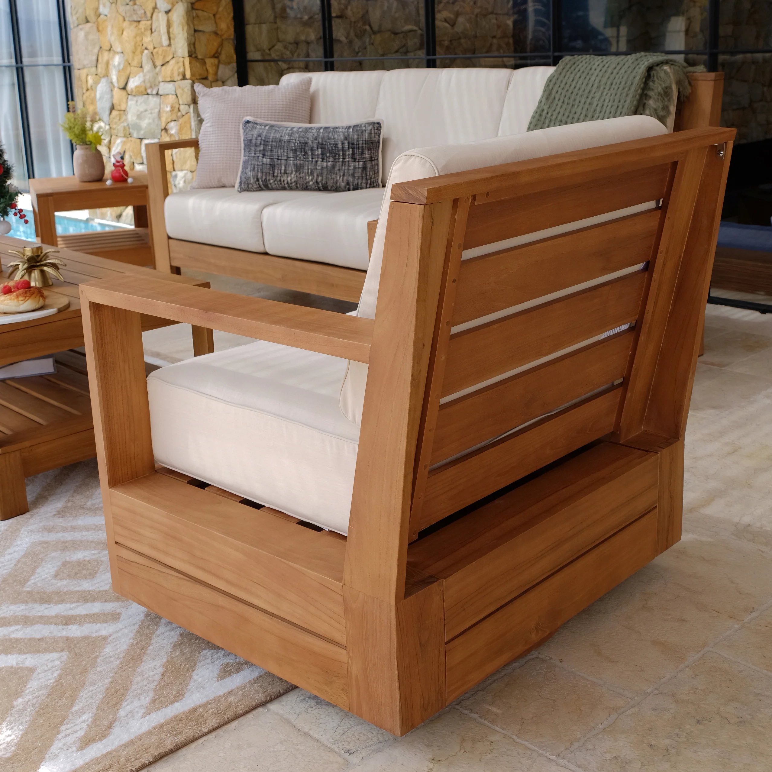 Logan 5 Piece Teak Wood Patio Conversation Set with Sunbrella Vellum Cushion - Image 11