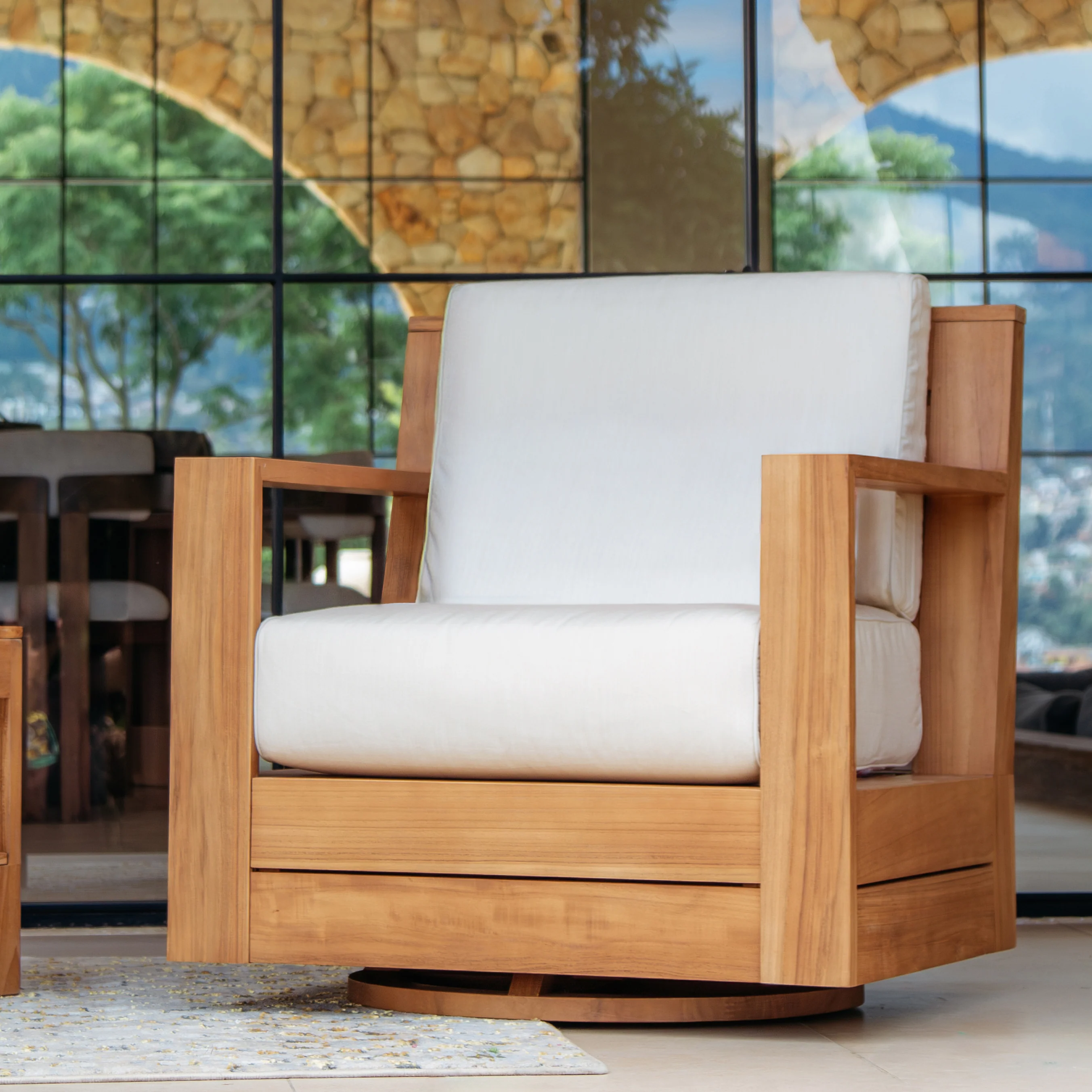 Logan Teak Outdoor Swivel with Sunbrella Vellum Cushion