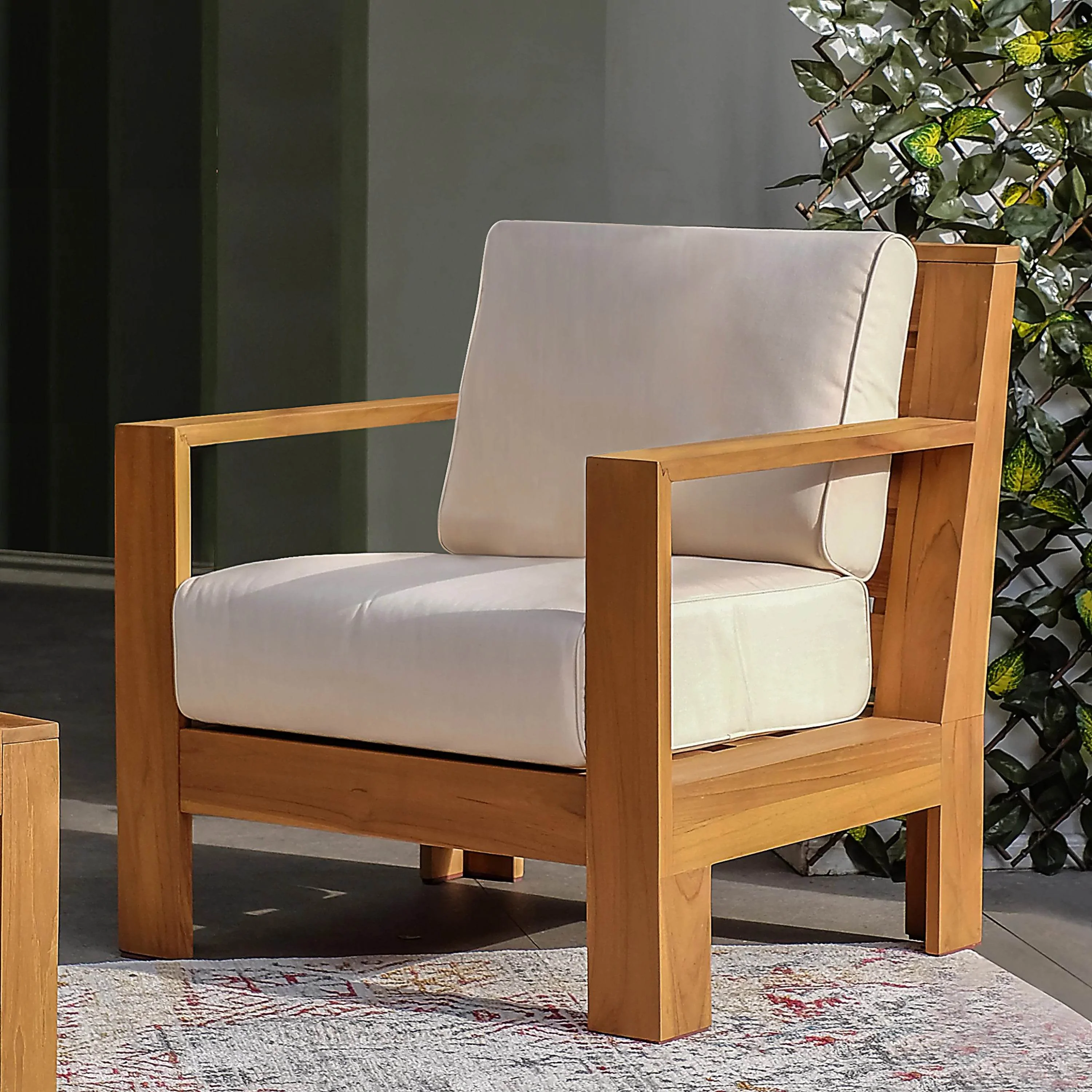 Logan Teak Wood 3 Pieces Patio Conversation Set with Sunbrella Vellum Cushion - Image 4