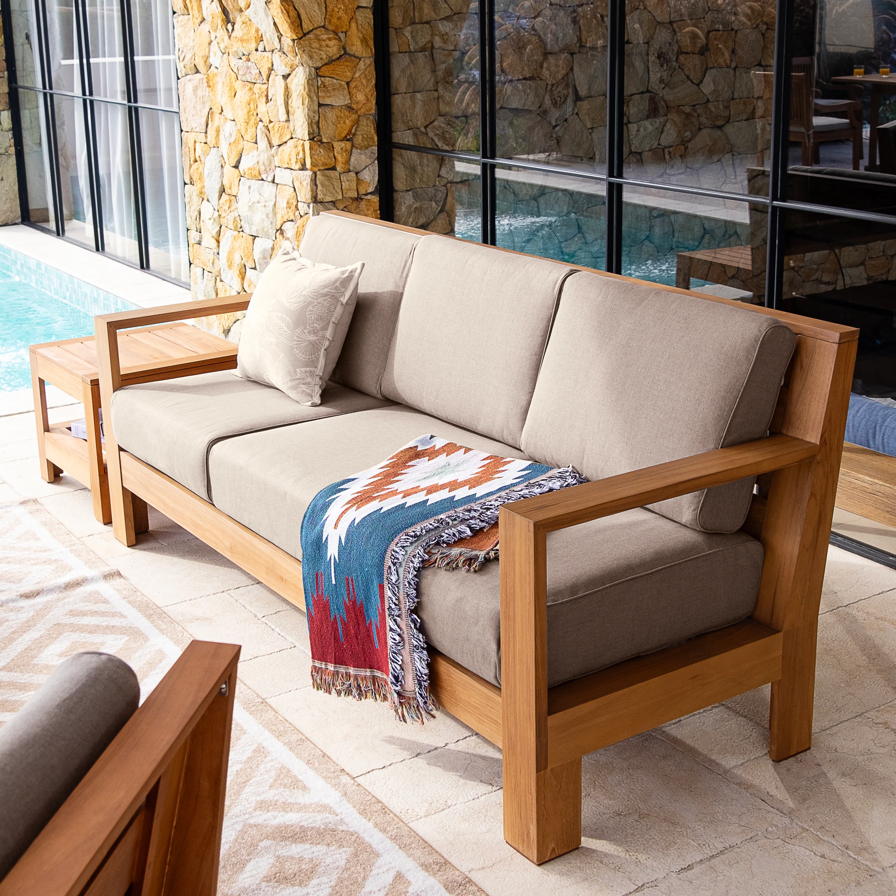 Logan Teak Wood 4 Piece Patio Conversation Set with Sunbrella Cast Shale Cushion - Image 6