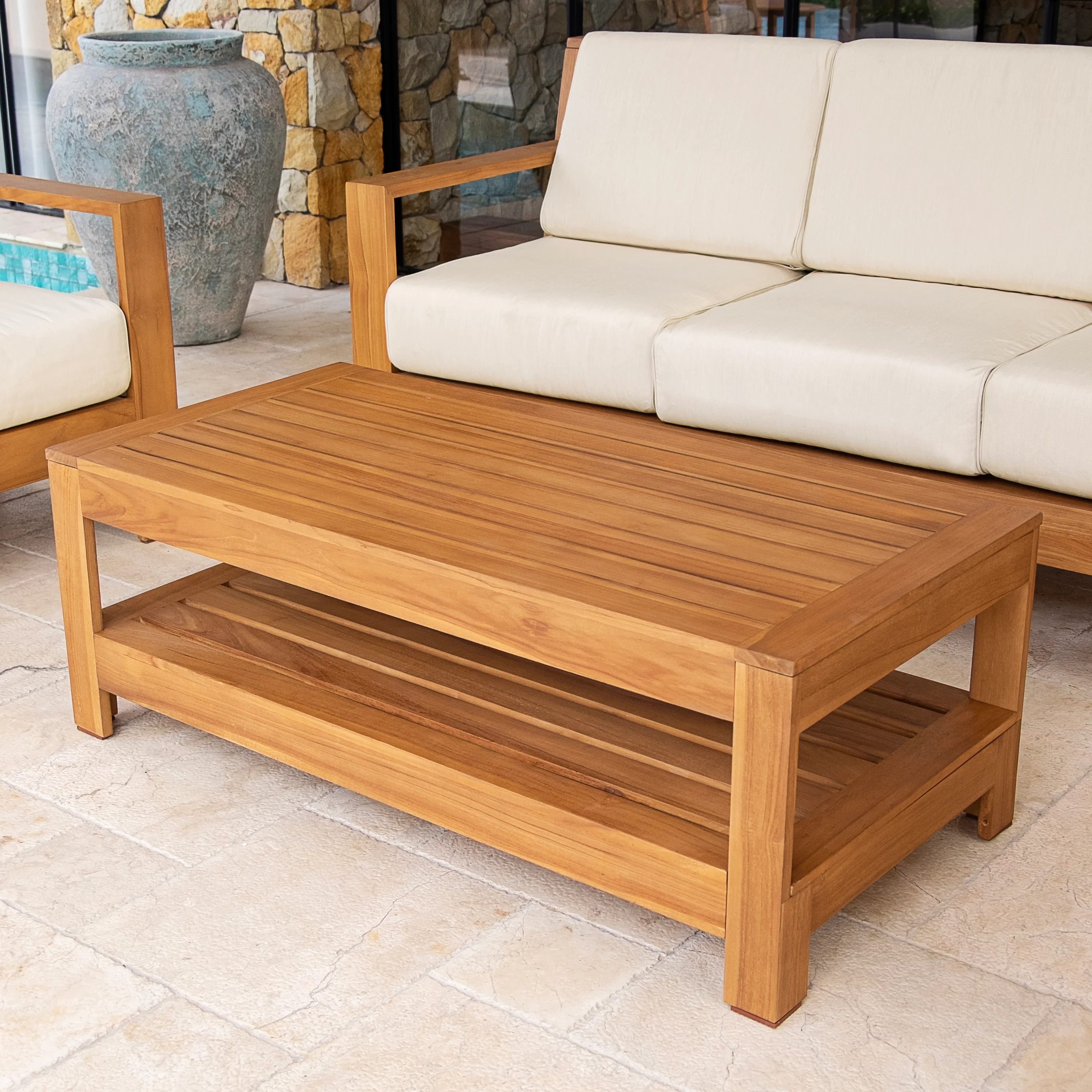 Logan Teak Wood 4 Piece Patio Conversation Set with Sunbrella Vellum Cushion - Image 6
