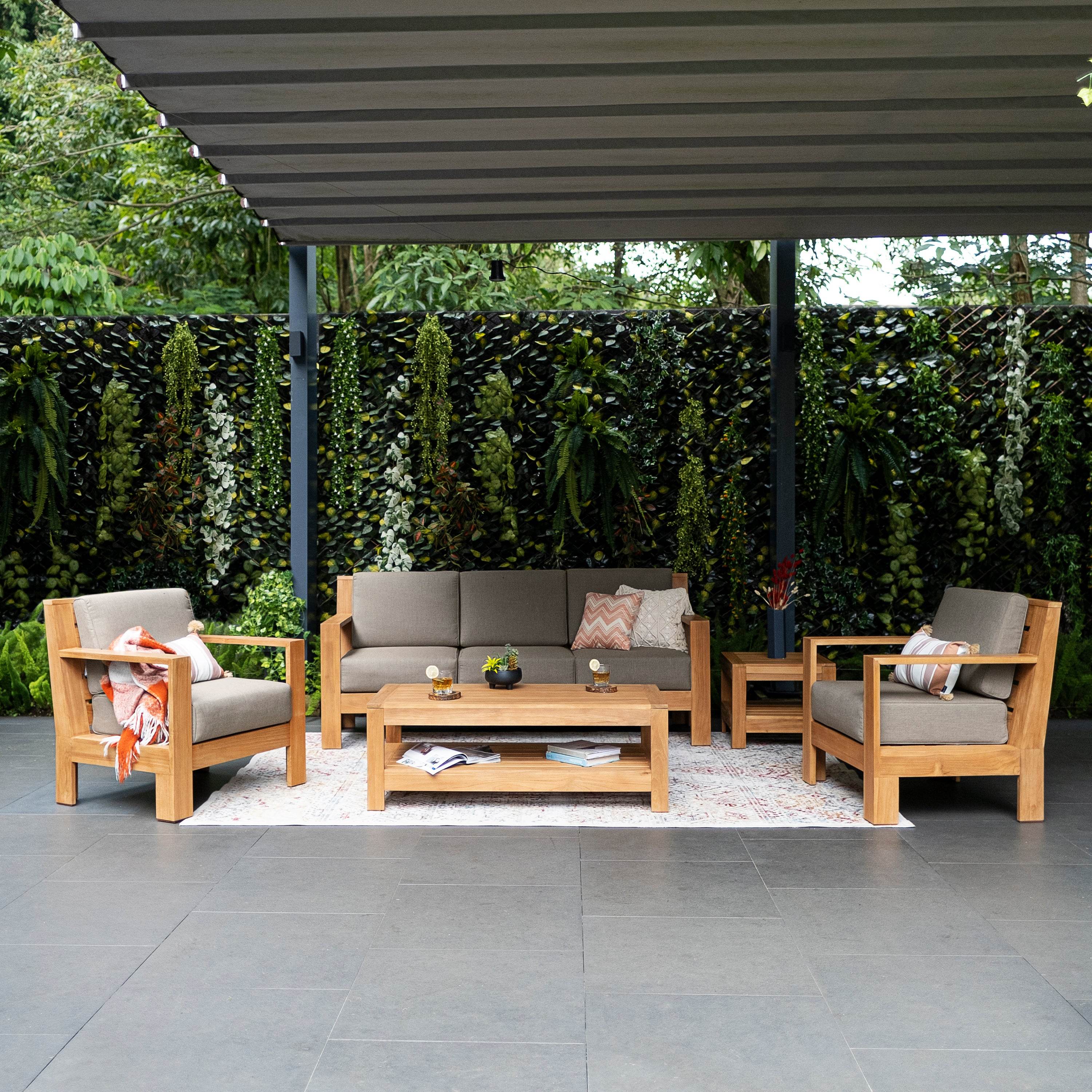 Logan Teak Wood 5 Piece Patio Conversation Set with Sunbrella Cast Shale Cushion - Image 3